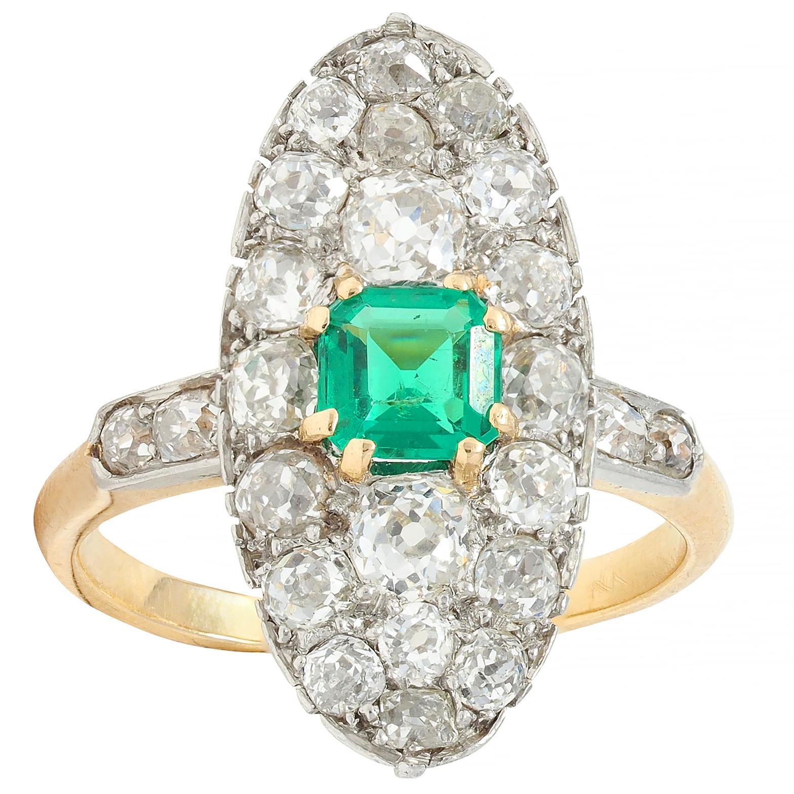 Edwardian French Antique Emerald Diamond Platinum 14 Karat Gold Navette Ring For Sale 6