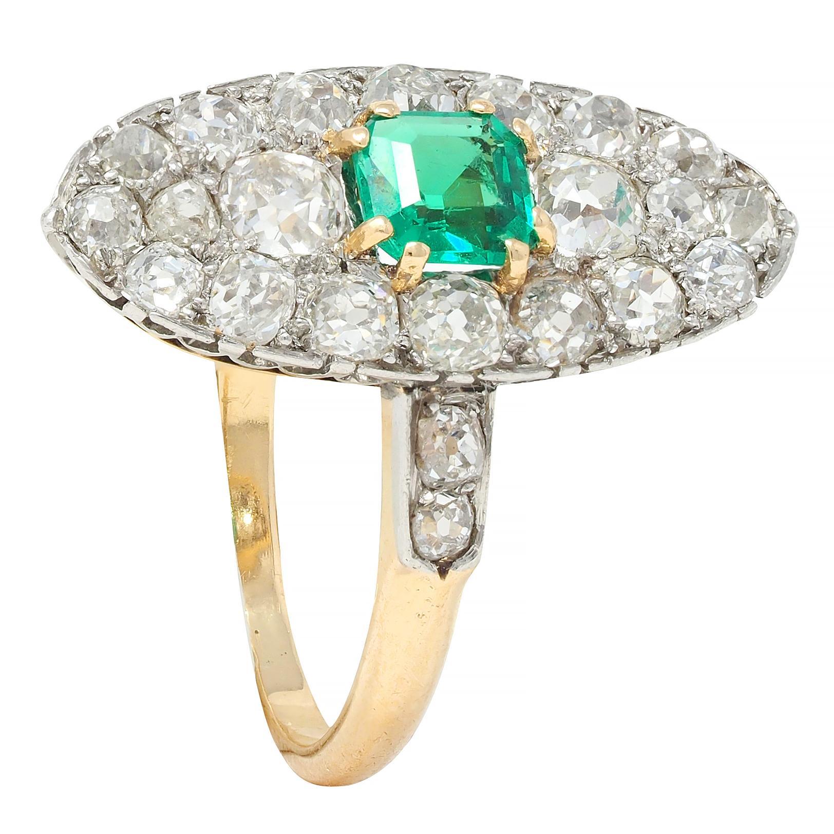 Edwardian French Antique Emerald Diamond Platinum 14 Karat Gold Navette Ring For Sale 7