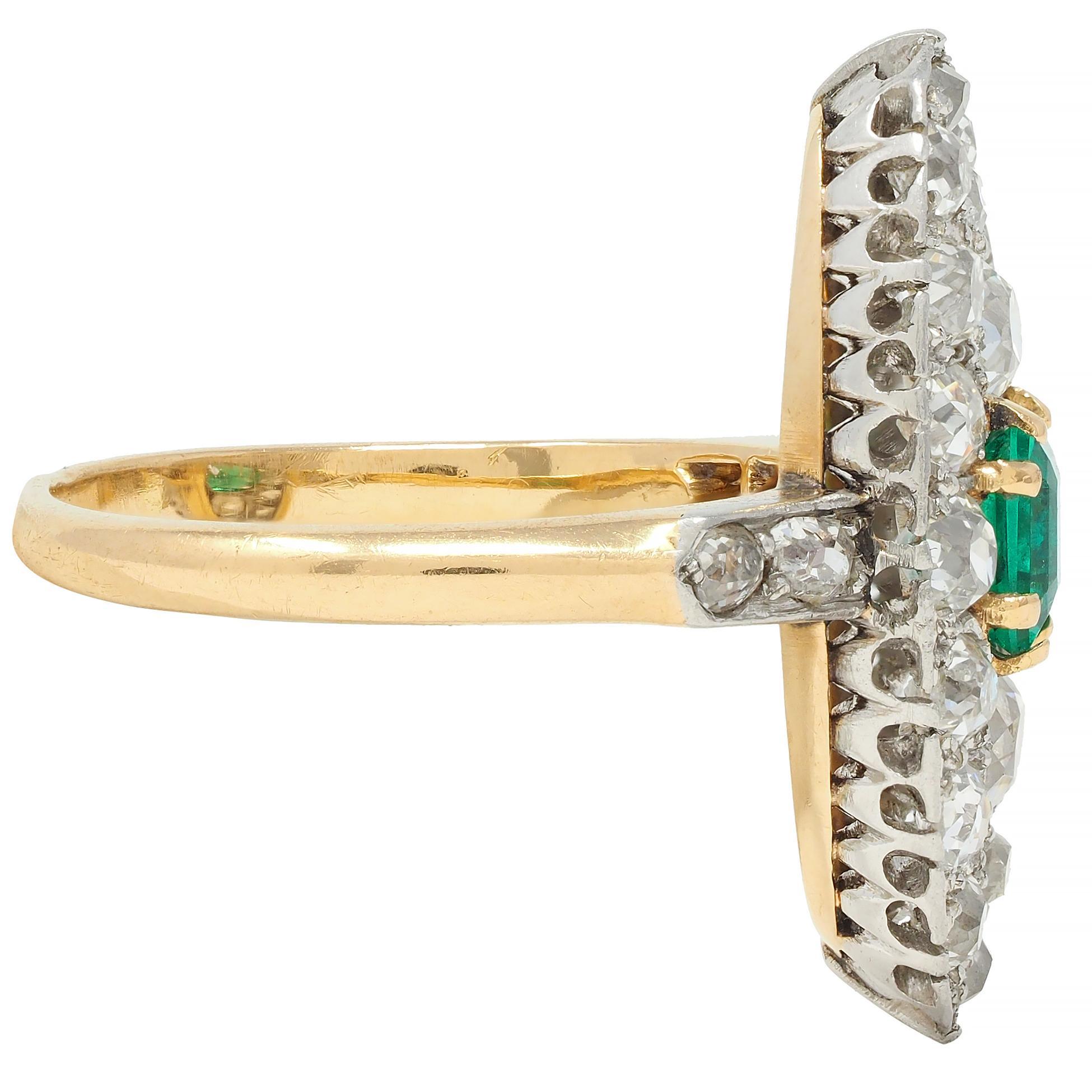 Emerald Cut Edwardian French Antique Emerald Diamond Platinum 14 Karat Gold Navette Ring For Sale