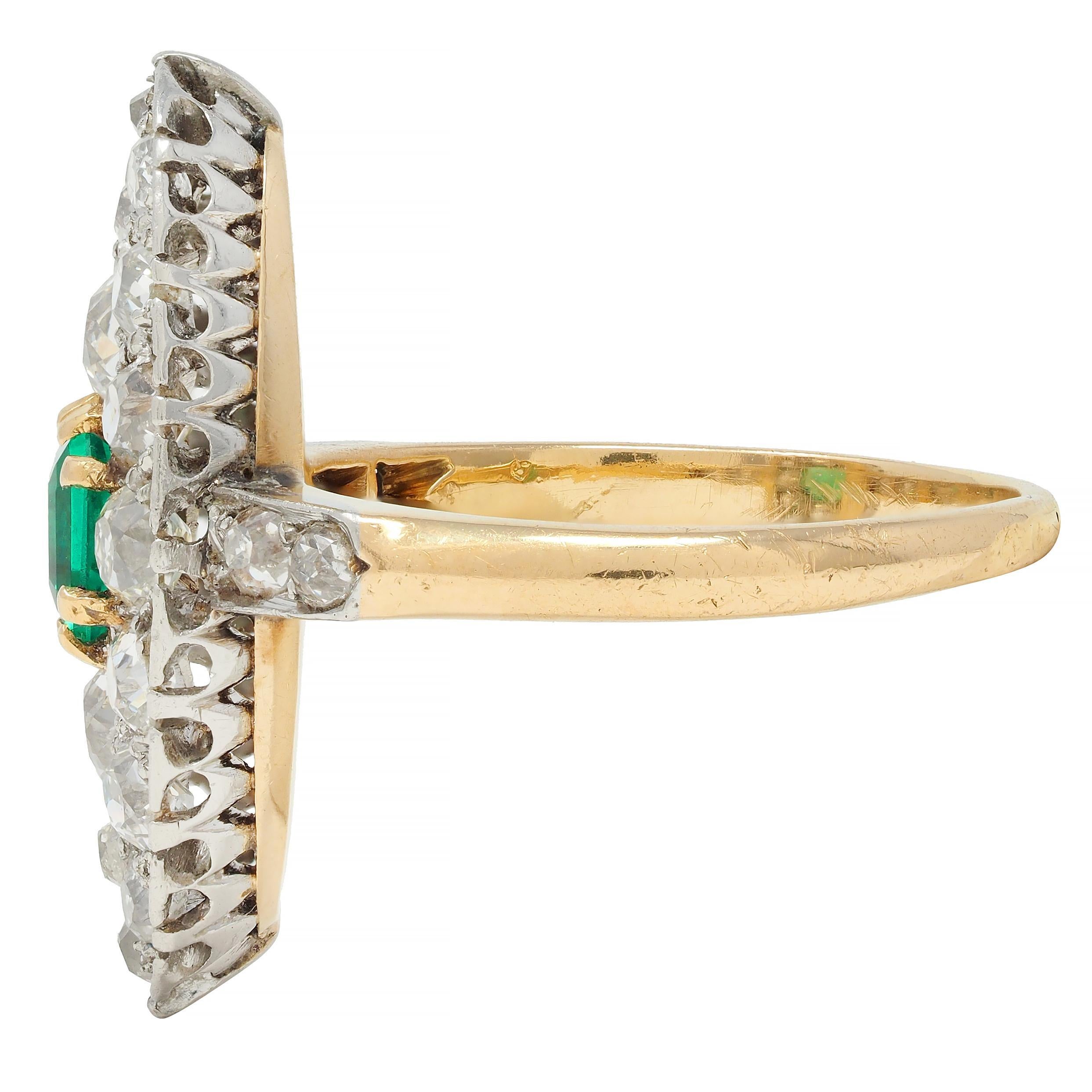 Women's or Men's Edwardian French Antique Emerald Diamond Platinum 14 Karat Gold Navette Ring For Sale