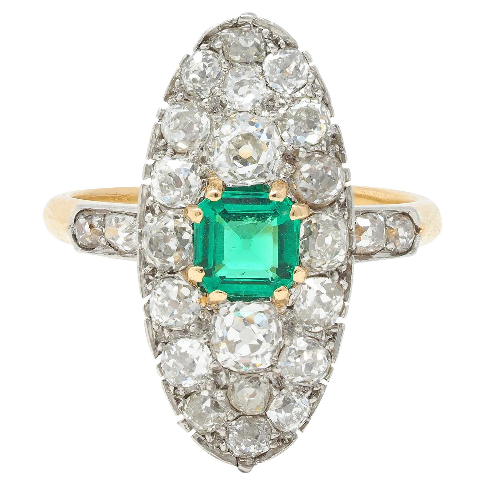 Edwardian French Antique Emerald Diamond Platinum 14 Karat Gold Navette Ring For Sale
