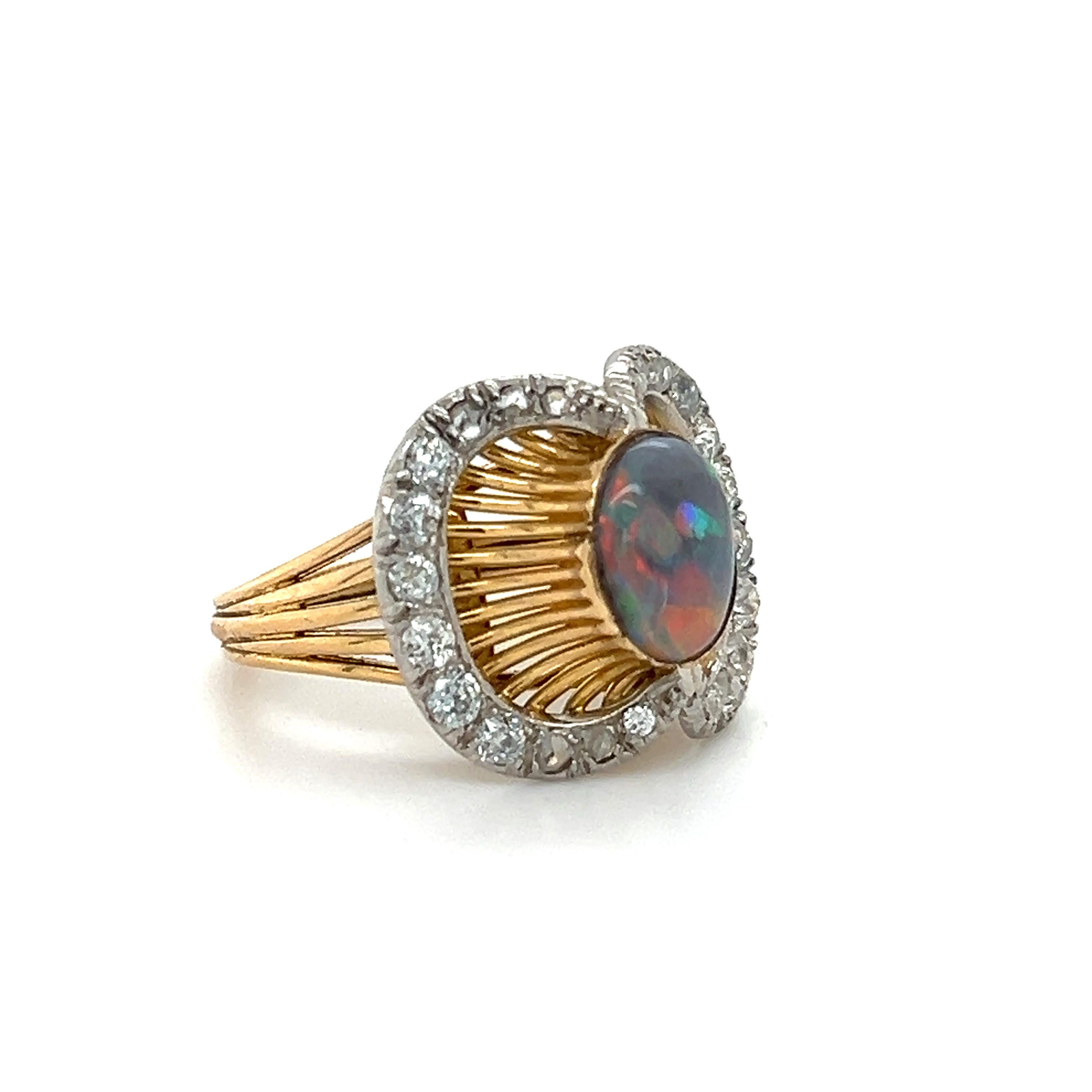 Mixed Cut Edwardian French Black Opal & Diamond 18k Yellow Gold & Platinum Ring For Sale