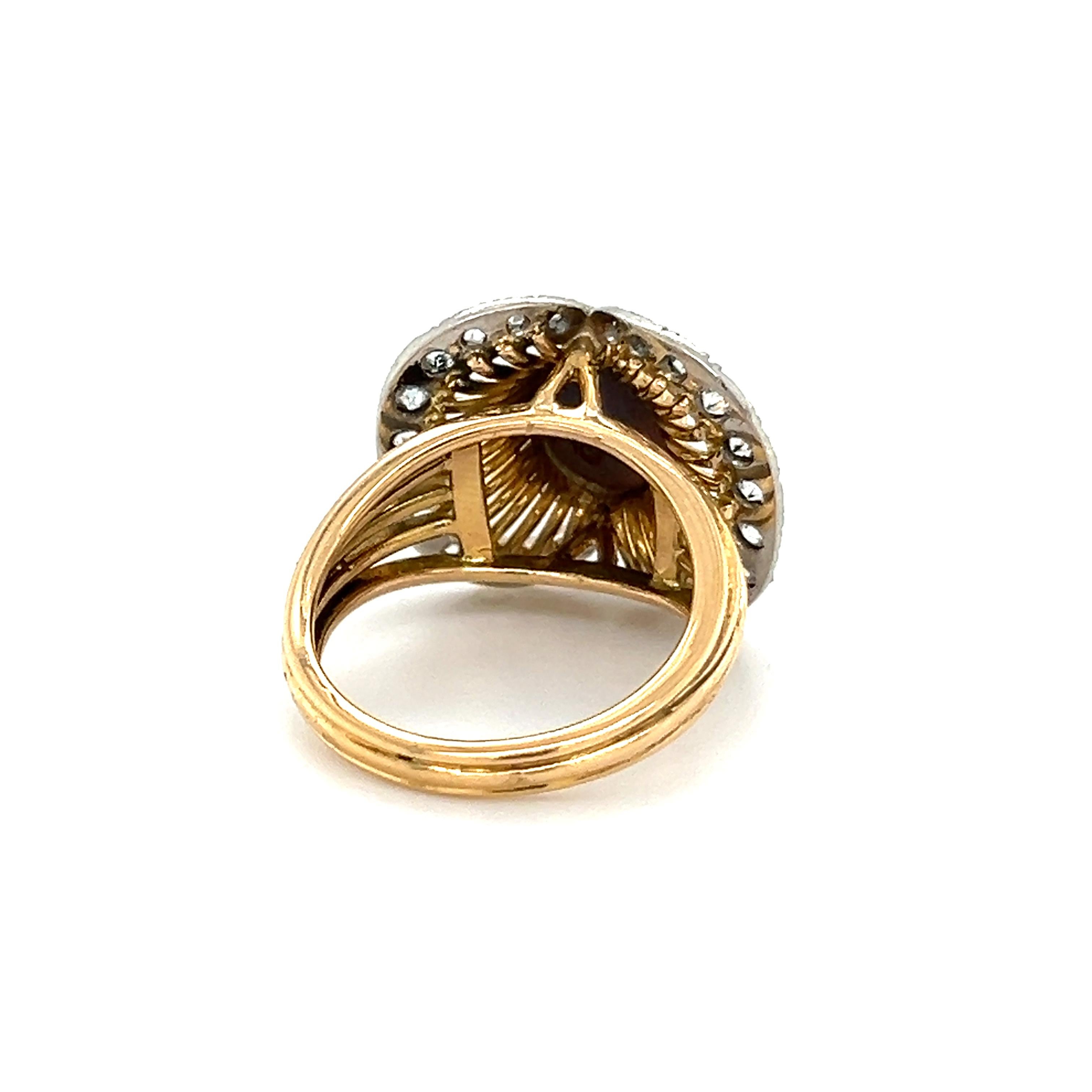 Women's or Men's Edwardian French Black Opal & Diamond 18k Yellow Gold & Platinum Ring For Sale