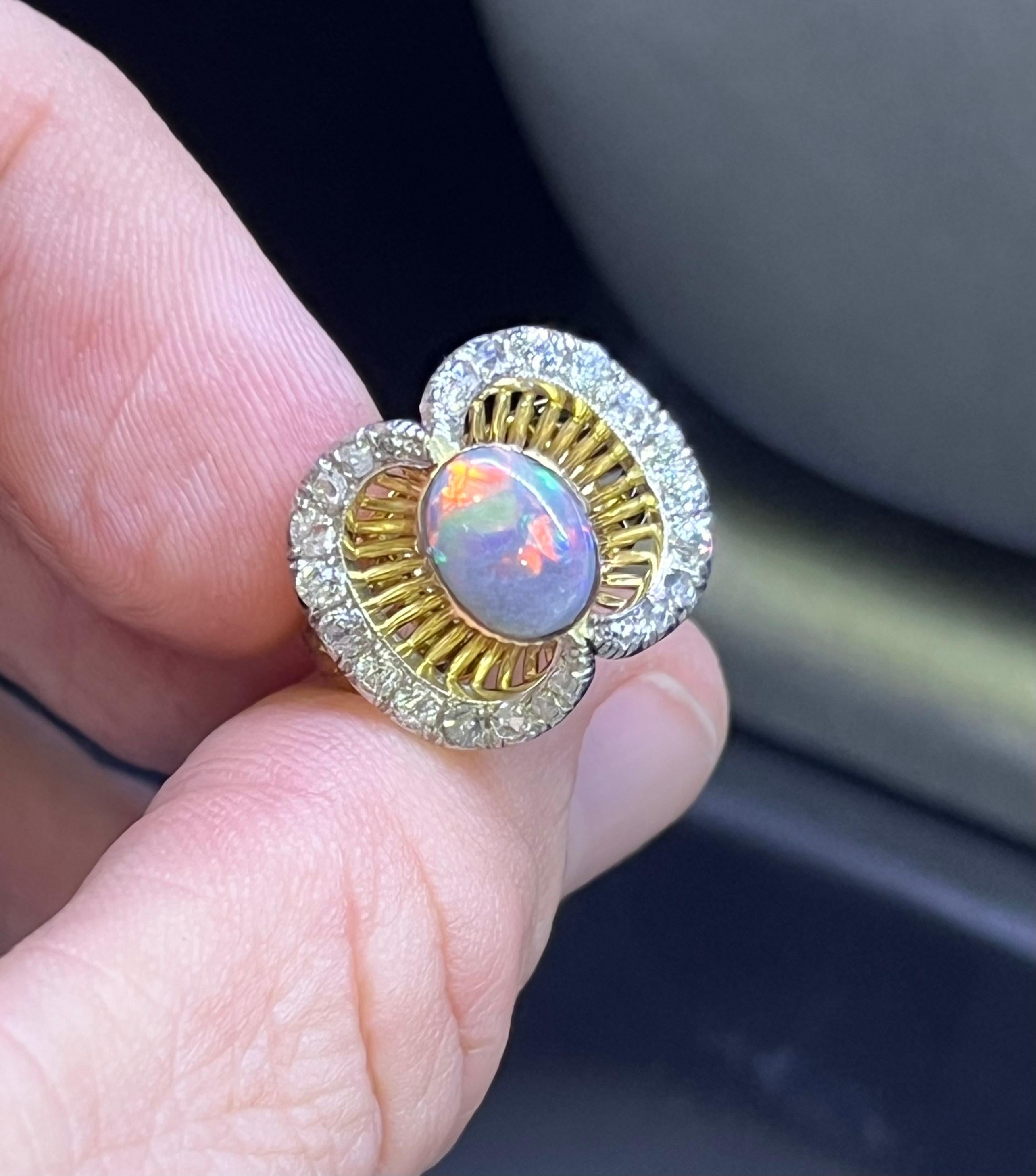 Edwardian French Black Opal & Diamond 18k Yellow Gold & Platinum Ring For Sale 1