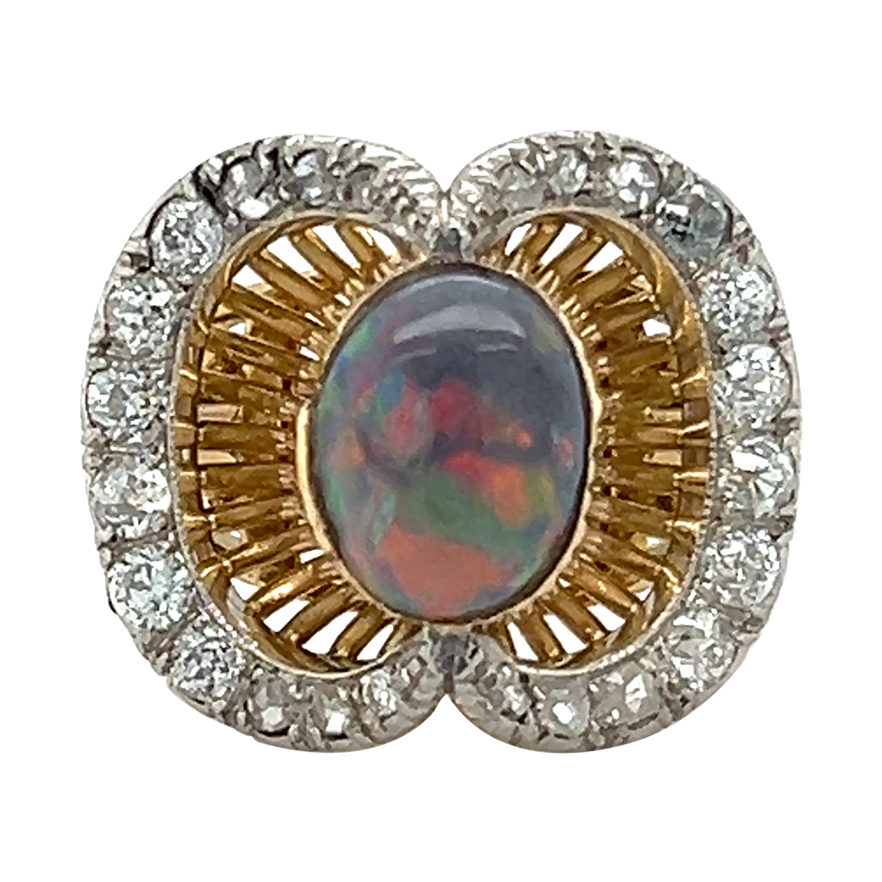 Französischer edwardianischer Ring aus 18 Karat Gelbgold und Platin mit schwarzem Opal und Diamant im Angebot