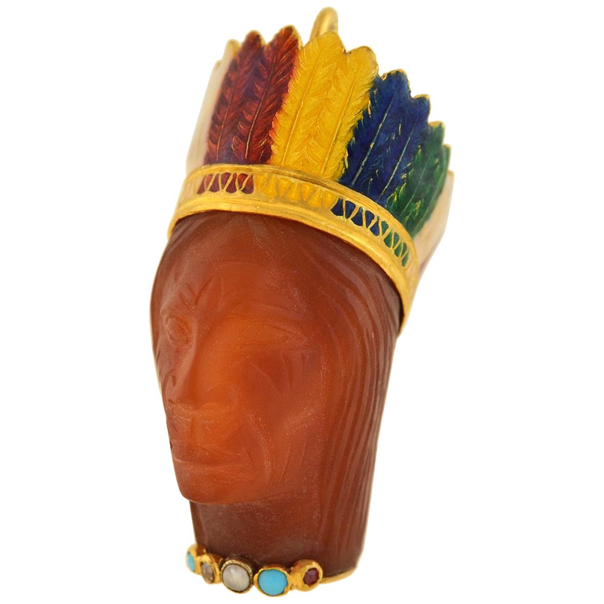 Französisch Karneol, Emaille, Edelstein Indigene Kunst (Nord-/Südamerika) Chief Anhänger, Edwardianisch im Angebot