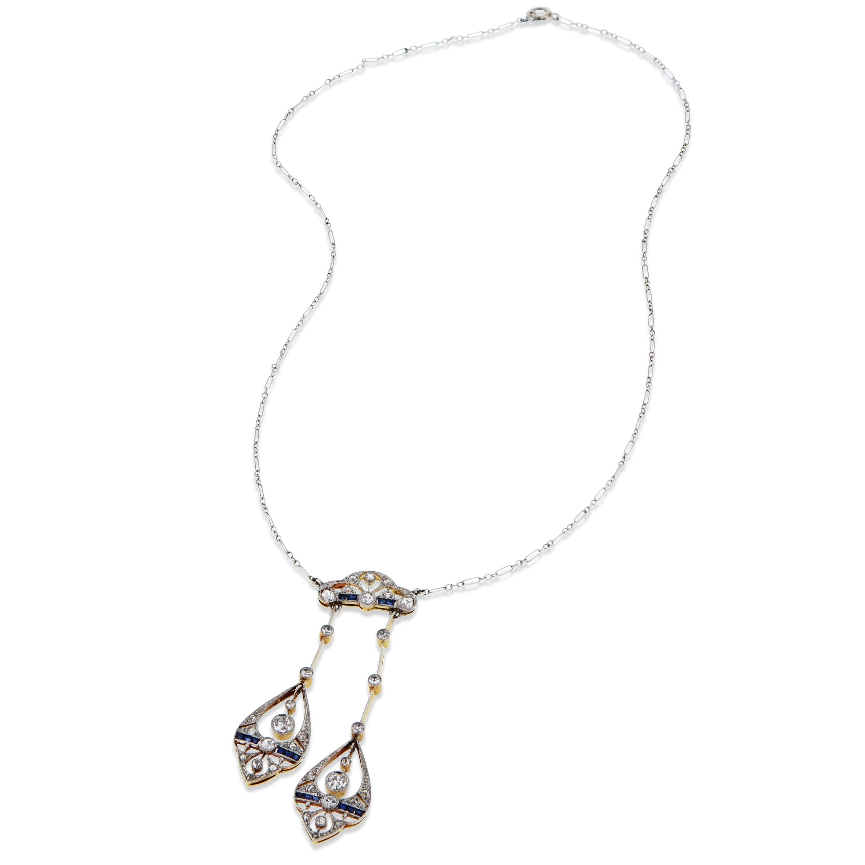A dazzling display of Edwardian-inspired elegance, this breathtaking necklace features 35 diamonds - Rose Cut, Single Cut, and spectacular Old European Cut stones - set in platinum and backed by 18kt yellow gold. Expertly crafted, it's the ultimate