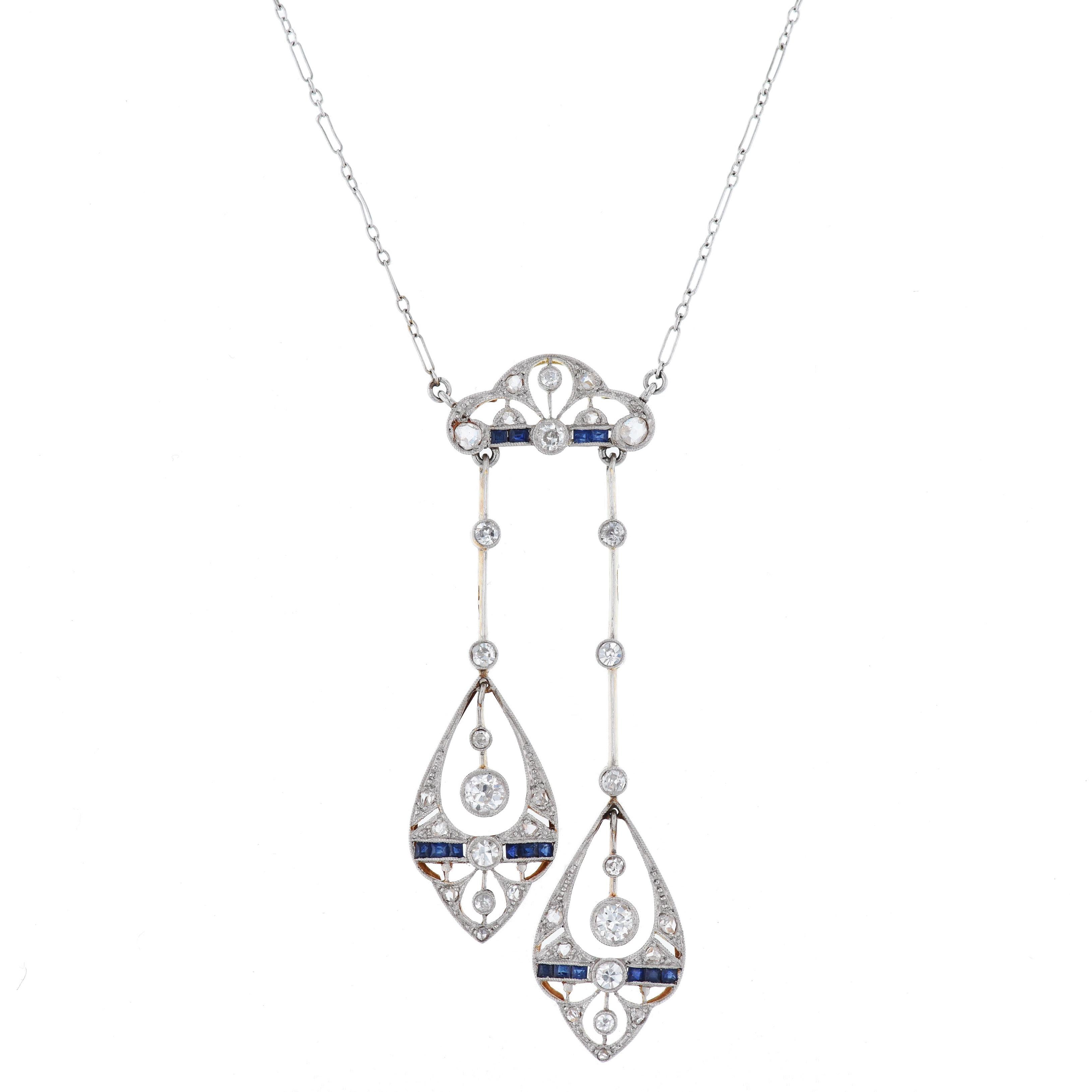 Round Cut Edwardian French Diamond Estate Pendant Necklace For Sale
