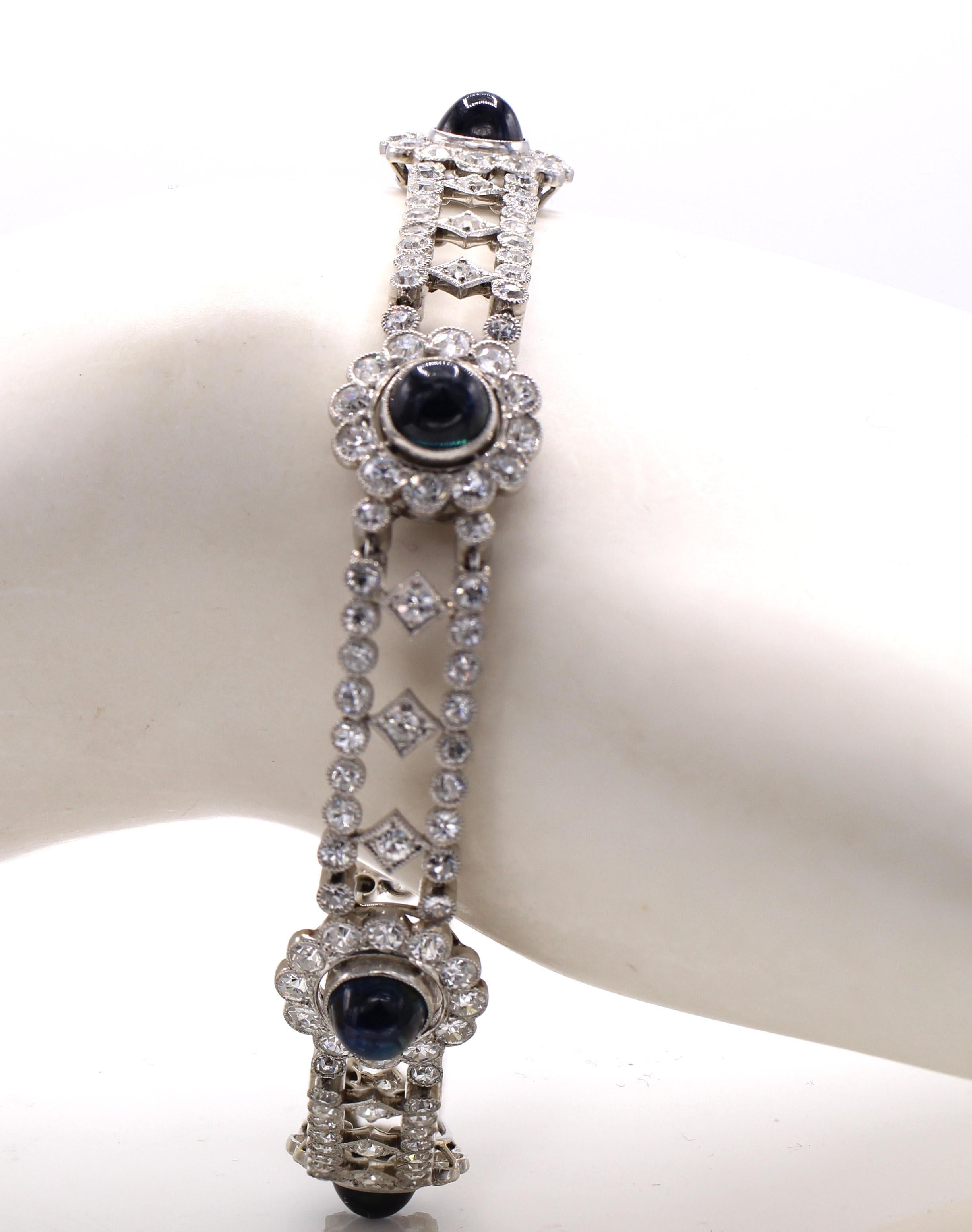 Platinarmband aus edwardianischem französischem Diamant-Saphir (Gemischter Schliff) im Angebot
