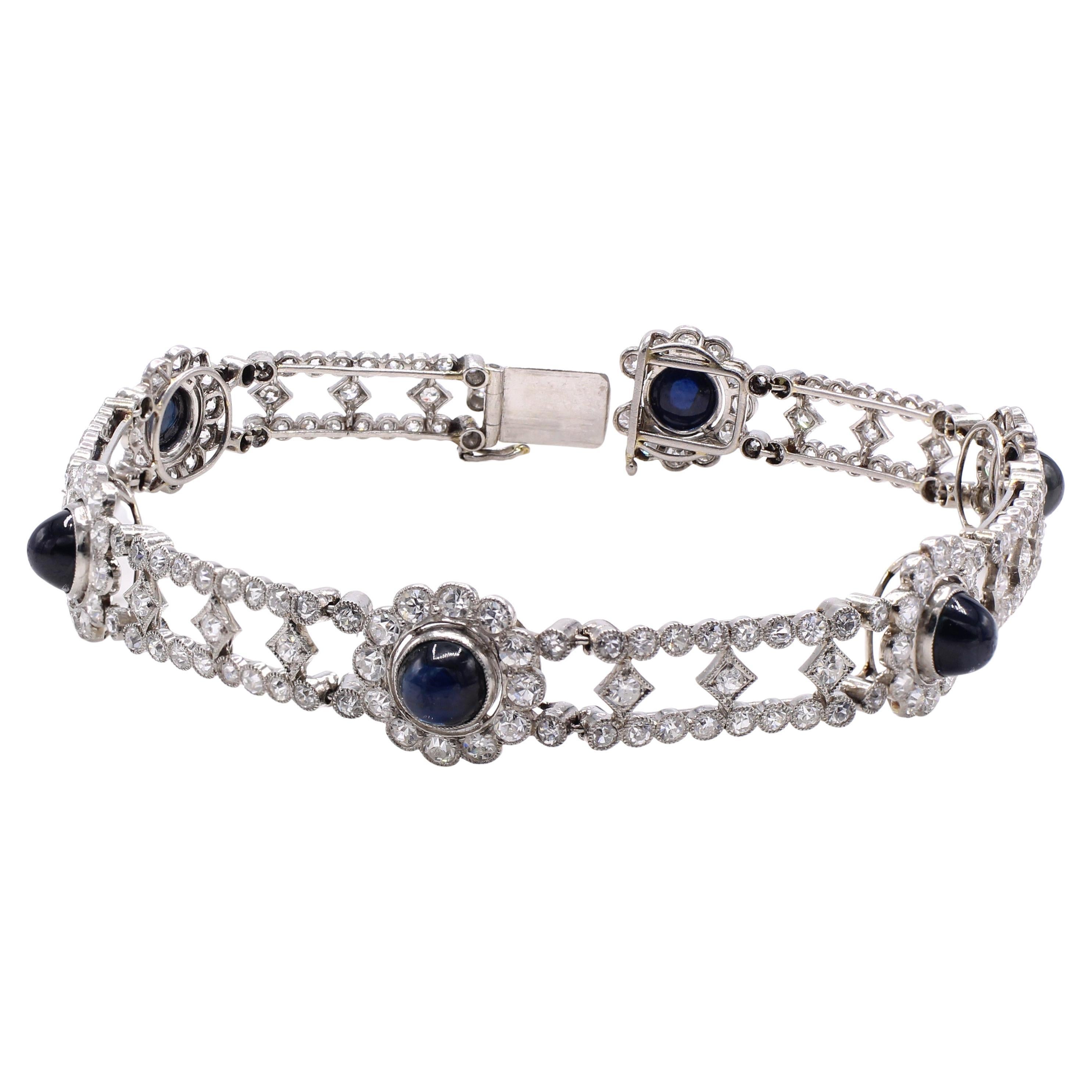 Edwardian French Diamond Sapphire Platinum Bracelet For Sale