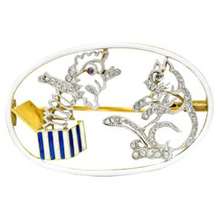 Edwardian French Enamel Diamond Platinum 18 Karat Cat Jack-in-the-Box Brooch