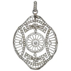 Edwardian French Large 1.05 Total Carat Diamond Floral Motif Filigree Pendant