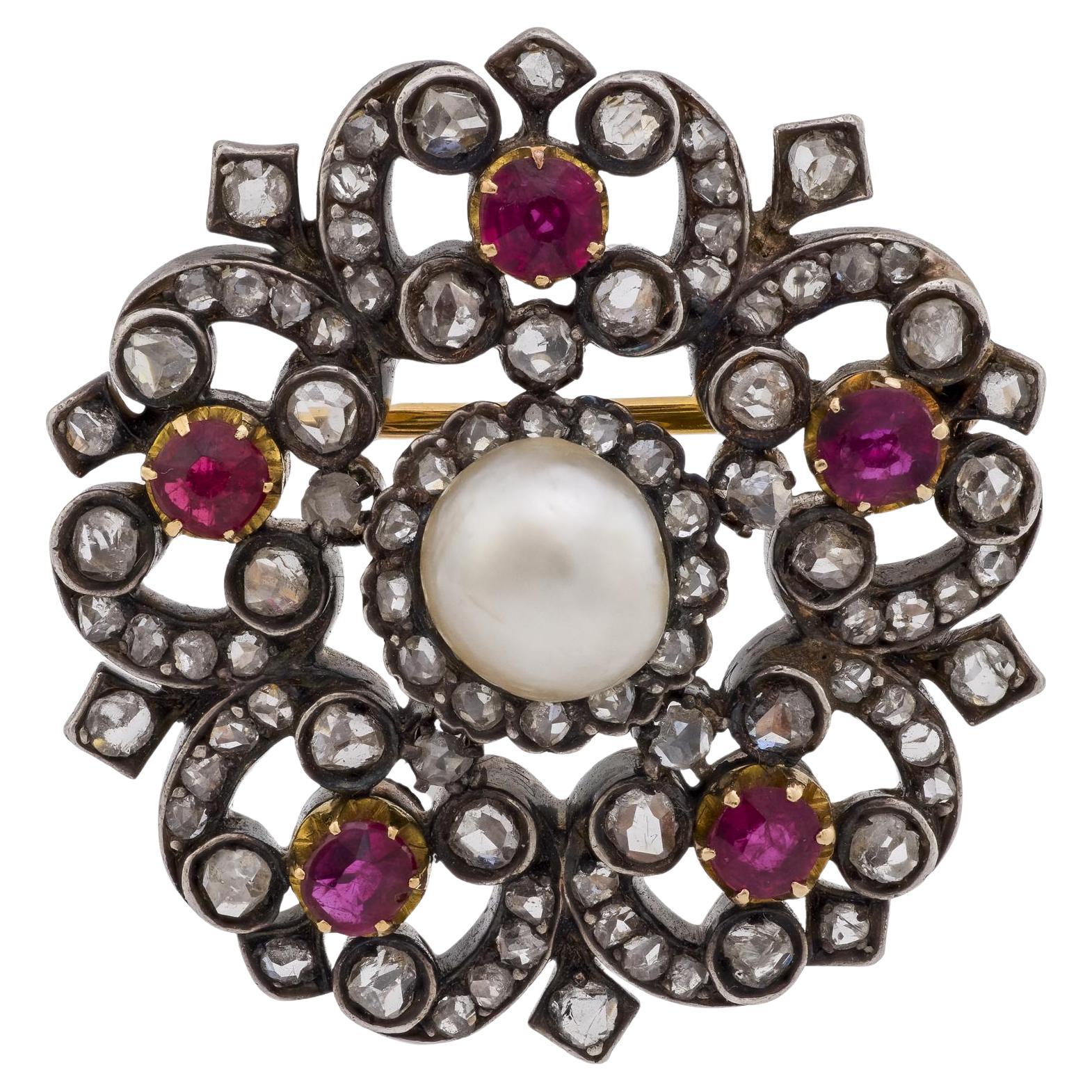 Edwardian Französisch natürliche Perle Diamant Rubin Silber 18k Rose Gold Brosche