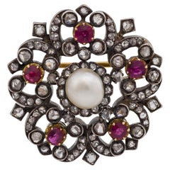 Edwardian French natural pearl diamond ruby silver 18k rose gold brooch