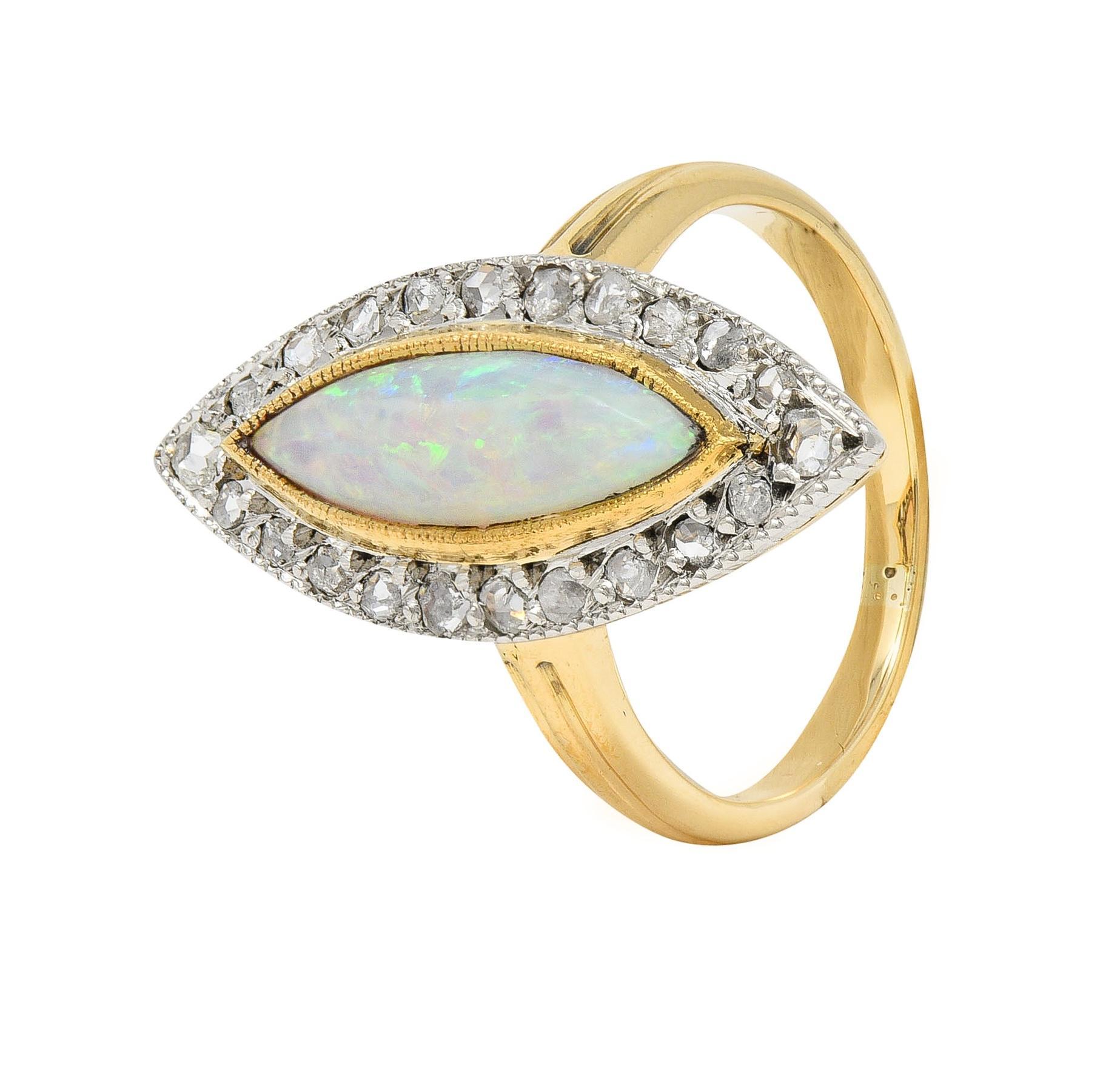 Edwardian French Opal Diamond Platinum 18 Karat Yellow Gold Navette Ring For Sale 5