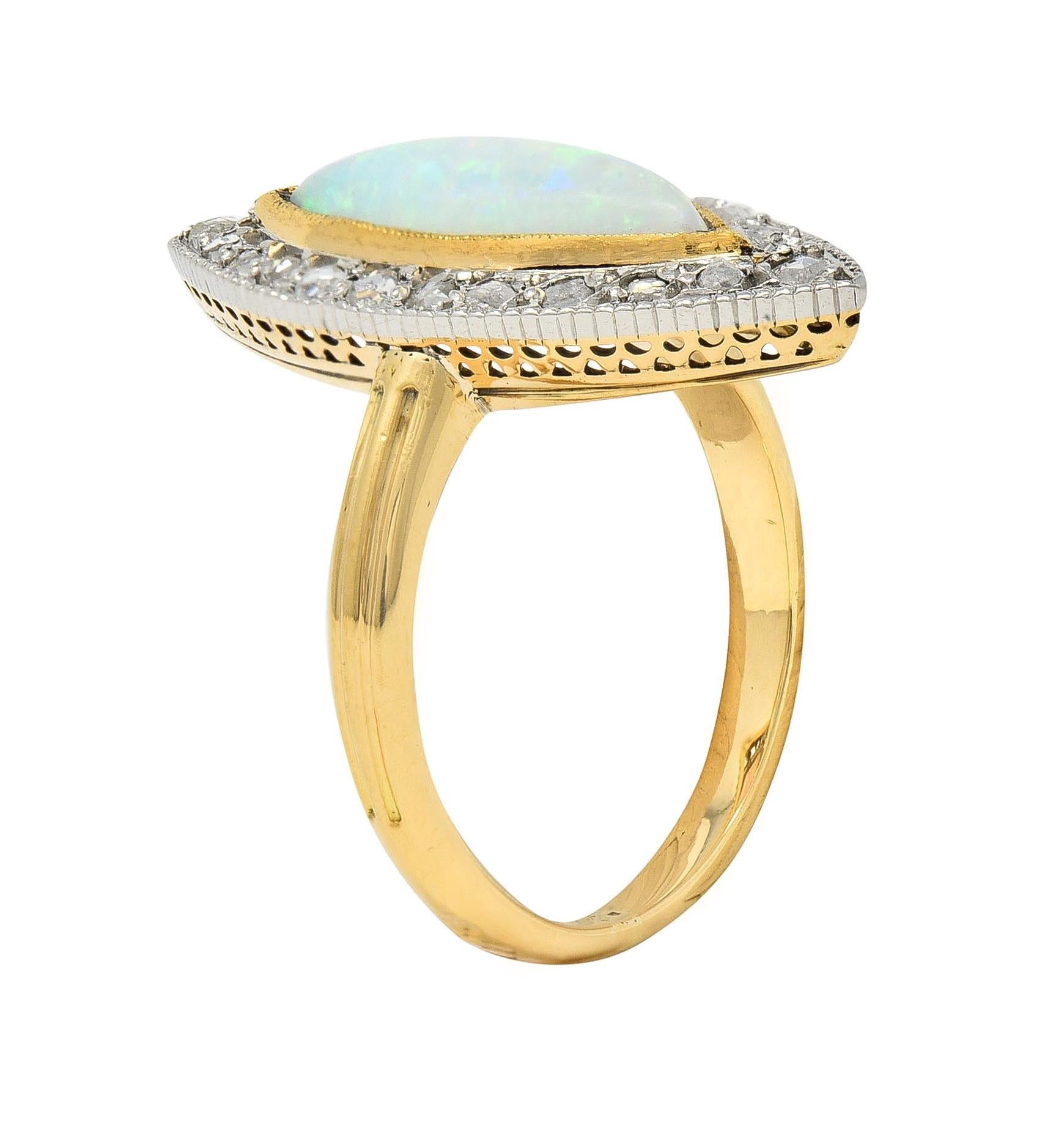Edwardian French Opal Diamond Platinum 18 Karat Yellow Gold Navette Ring For Sale 6