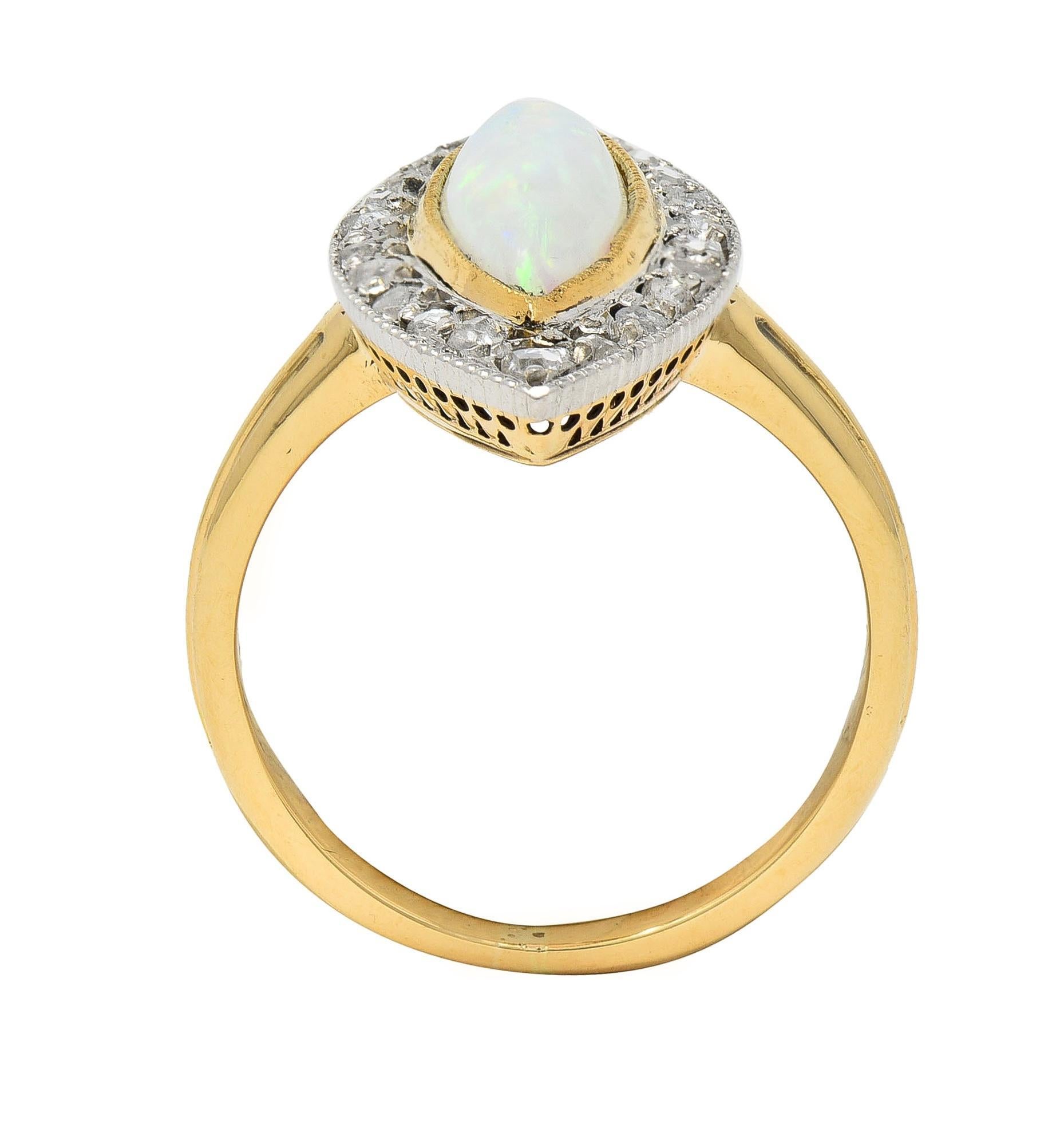 Edwardian French Opal Diamond Platinum 18 Karat Yellow Gold Navette Ring 6