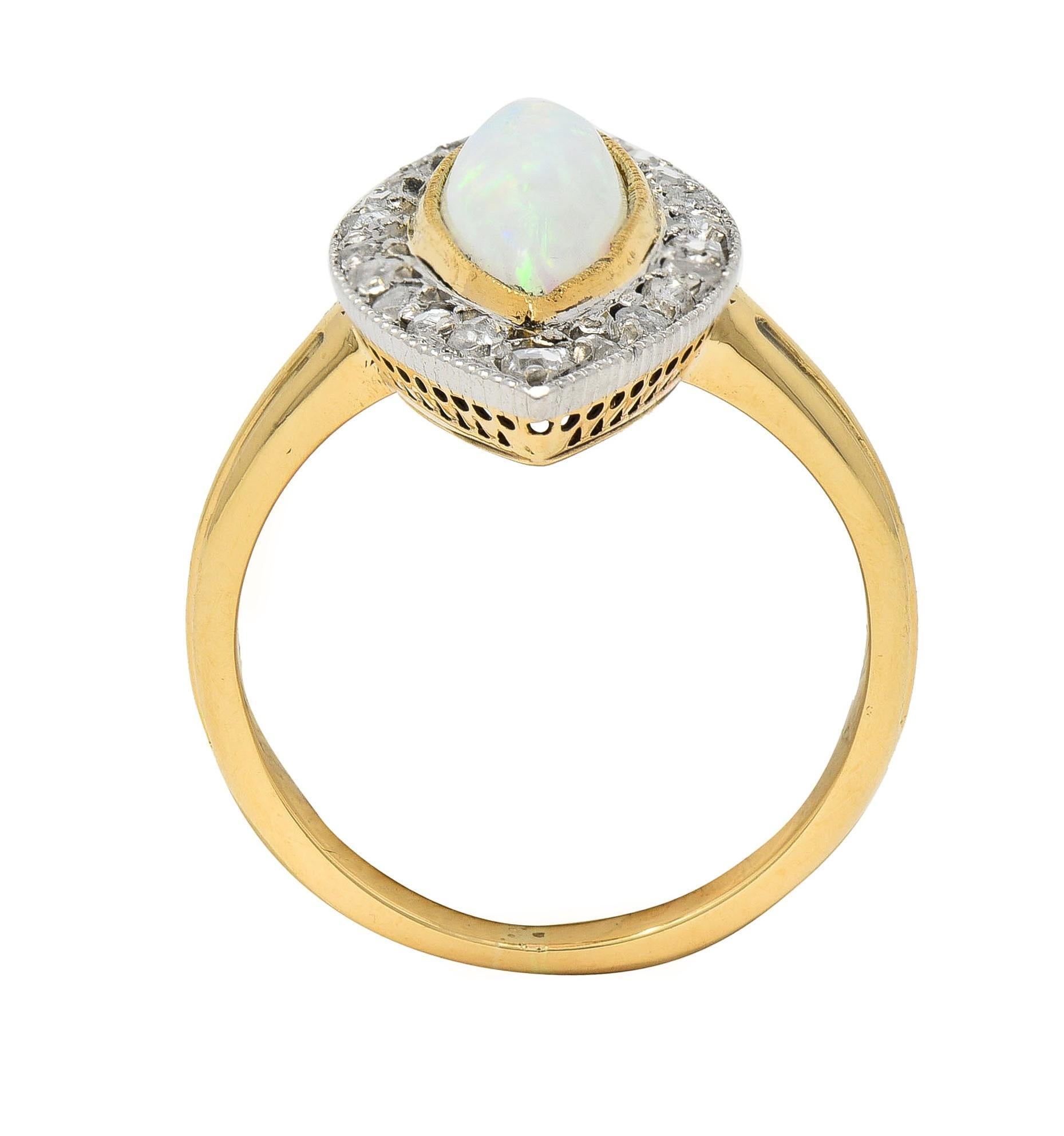 Edwardian French Opal Diamond Platinum 18 Karat Yellow Gold Navette Ring For Sale 7