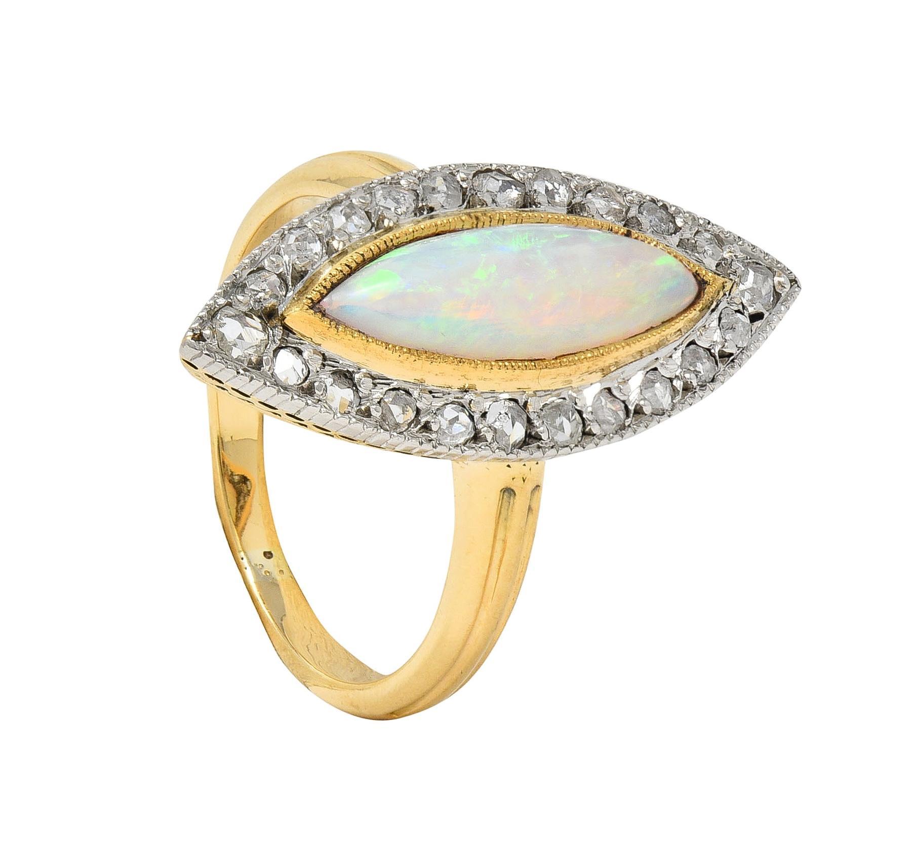 Edwardian French Opal Diamond Platinum 18 Karat Yellow Gold Navette Ring For Sale 8