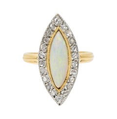 Edwardian French Opal Diamond Platinum 18 Karat Yellow Gold Navette Ring