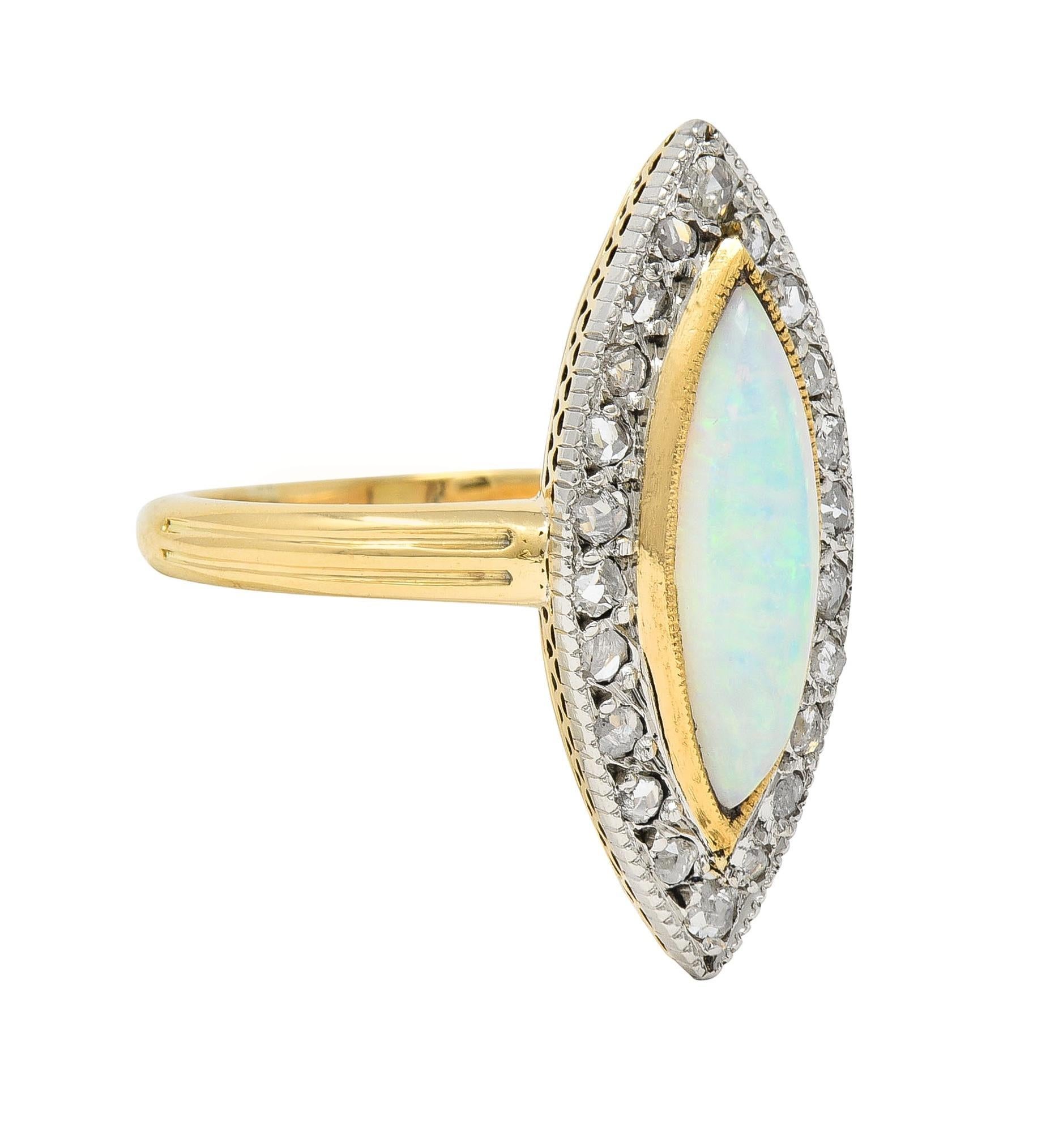 Rose Cut Edwardian French Opal Diamond Platinum 18 Karat Yellow Gold Navette Ring For Sale