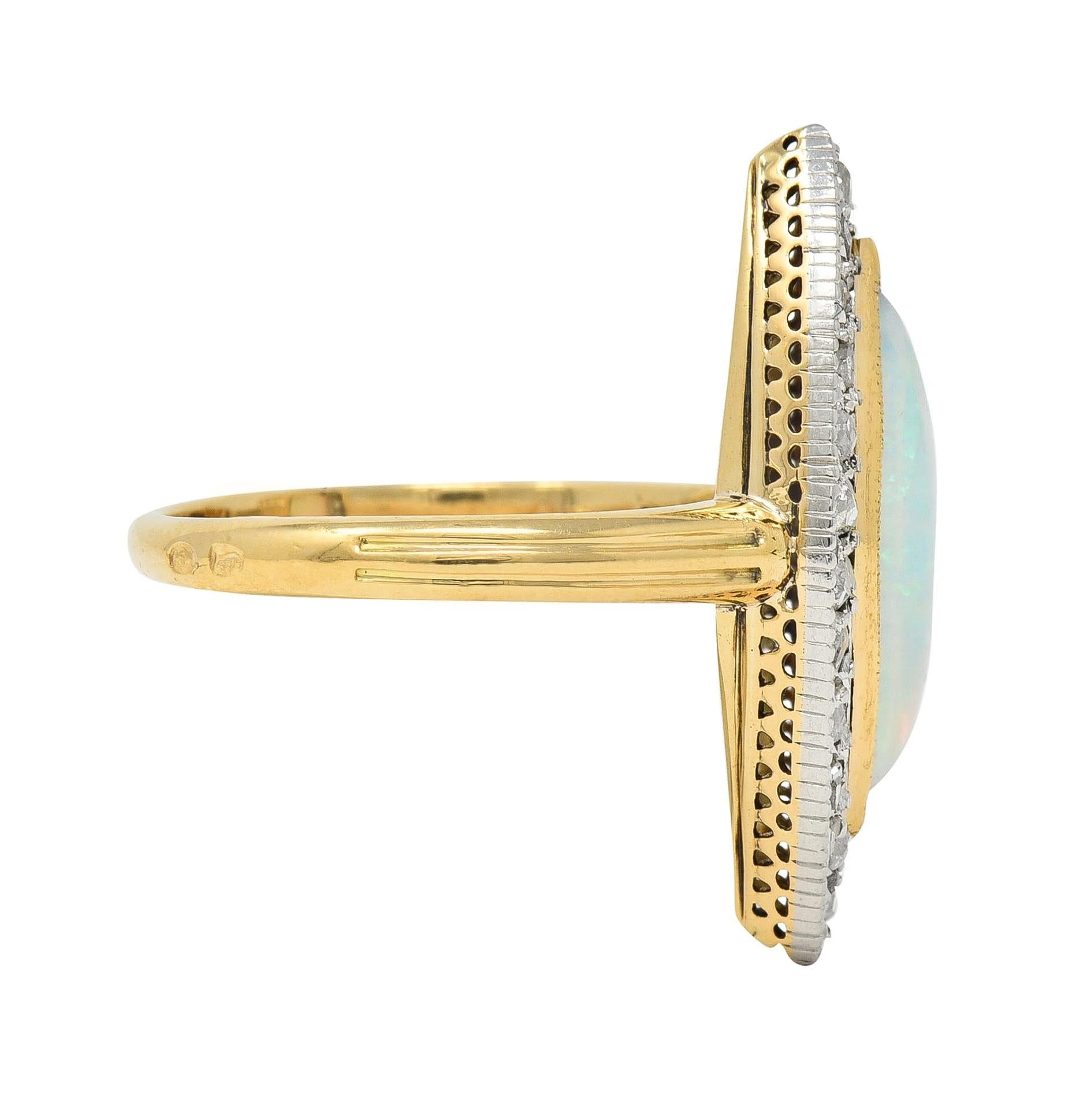 Edwardian French Opal Diamond Platinum 18 Karat Yellow Gold Navette Ring In Excellent Condition For Sale In Philadelphia, PA