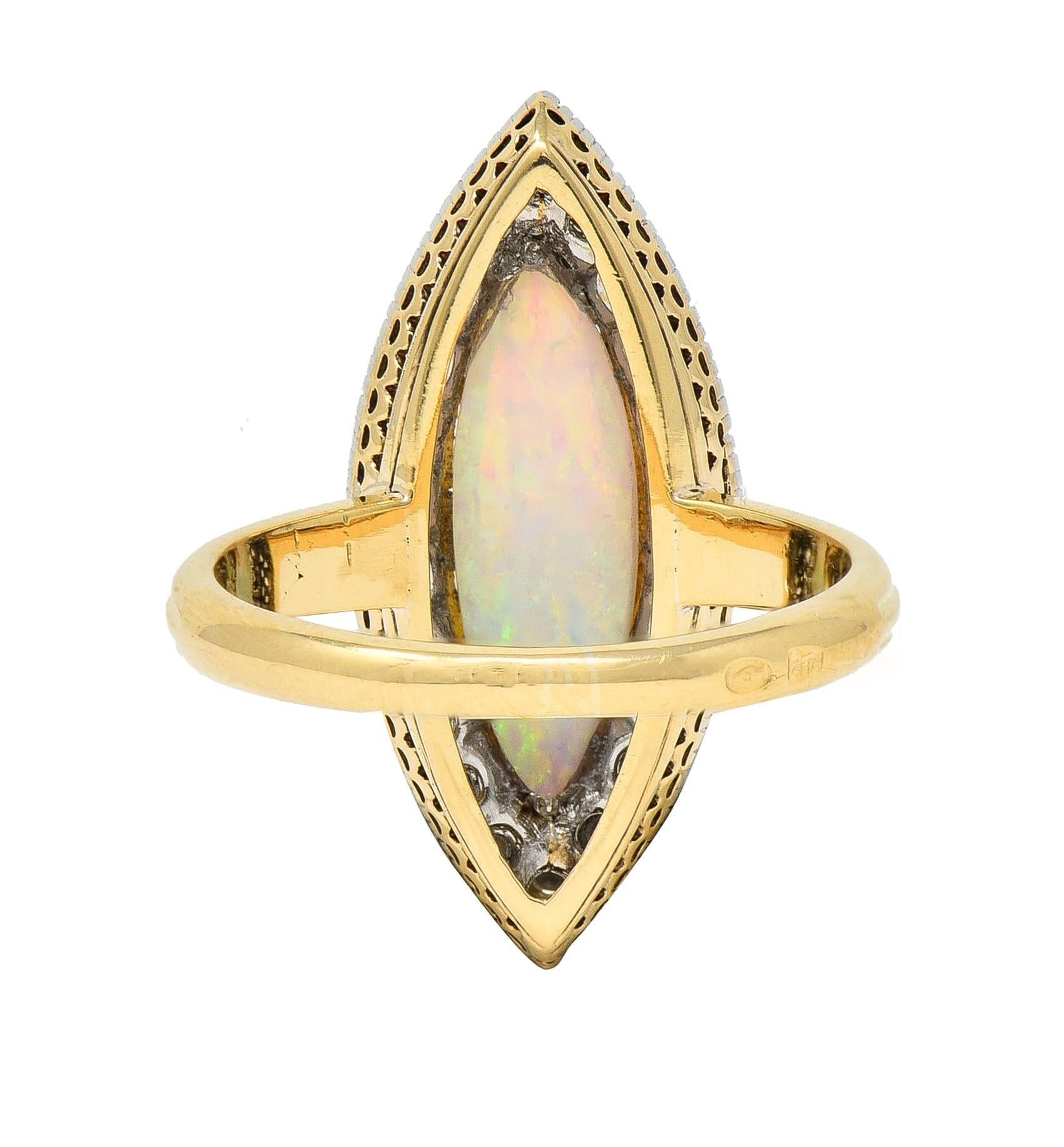 Edwardian French Opal Diamond Platinum 18 Karat Yellow Gold Navette Ring In Excellent Condition In Philadelphia, PA