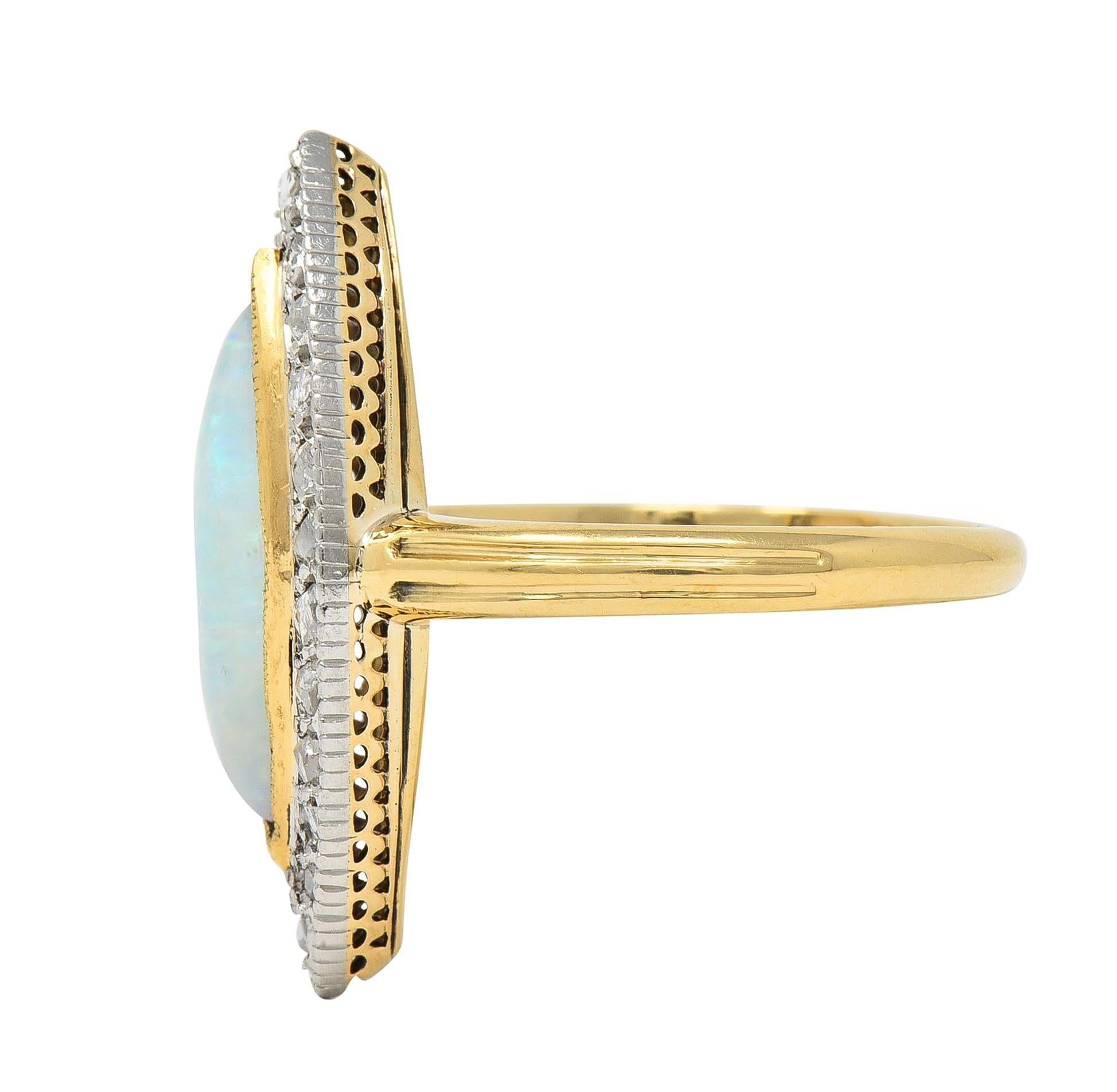 Women's or Men's Edwardian French Opal Diamond Platinum 18 Karat Yellow Gold Navette Ring