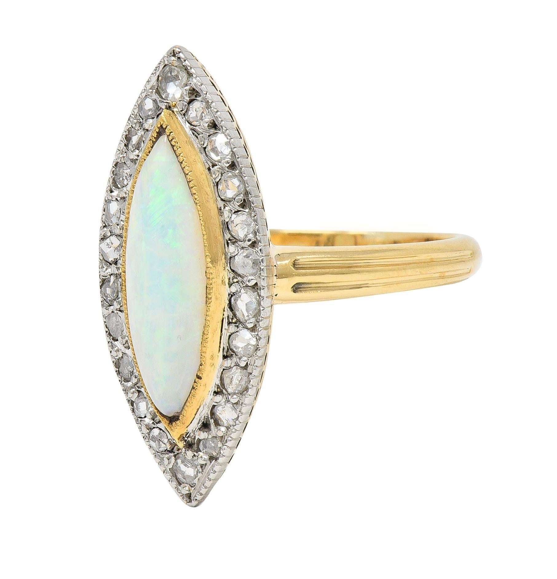Edwardian French Opal Diamond Platinum 18 Karat Yellow Gold Navette Ring For Sale 2