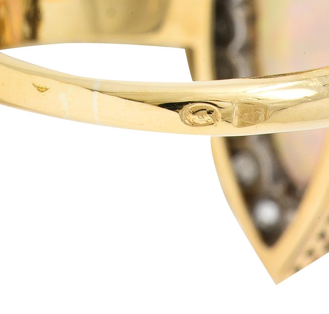 Edwardian French Opal Diamond Platinum 18 Karat Yellow Gold Navette Ring For Sale 4