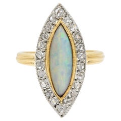 Edwardian French Opal Diamond Platinum 18 Karat Yellow Gold Navette Ring