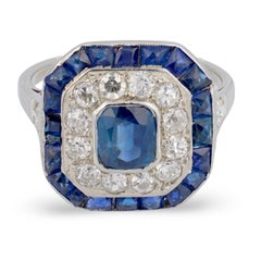 Edwardian French Platinum Sapphire & Diamond Halo Ring
