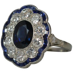 Vintage Edwardian French Platinum Sapphire Vs Diamond Cluster Ring