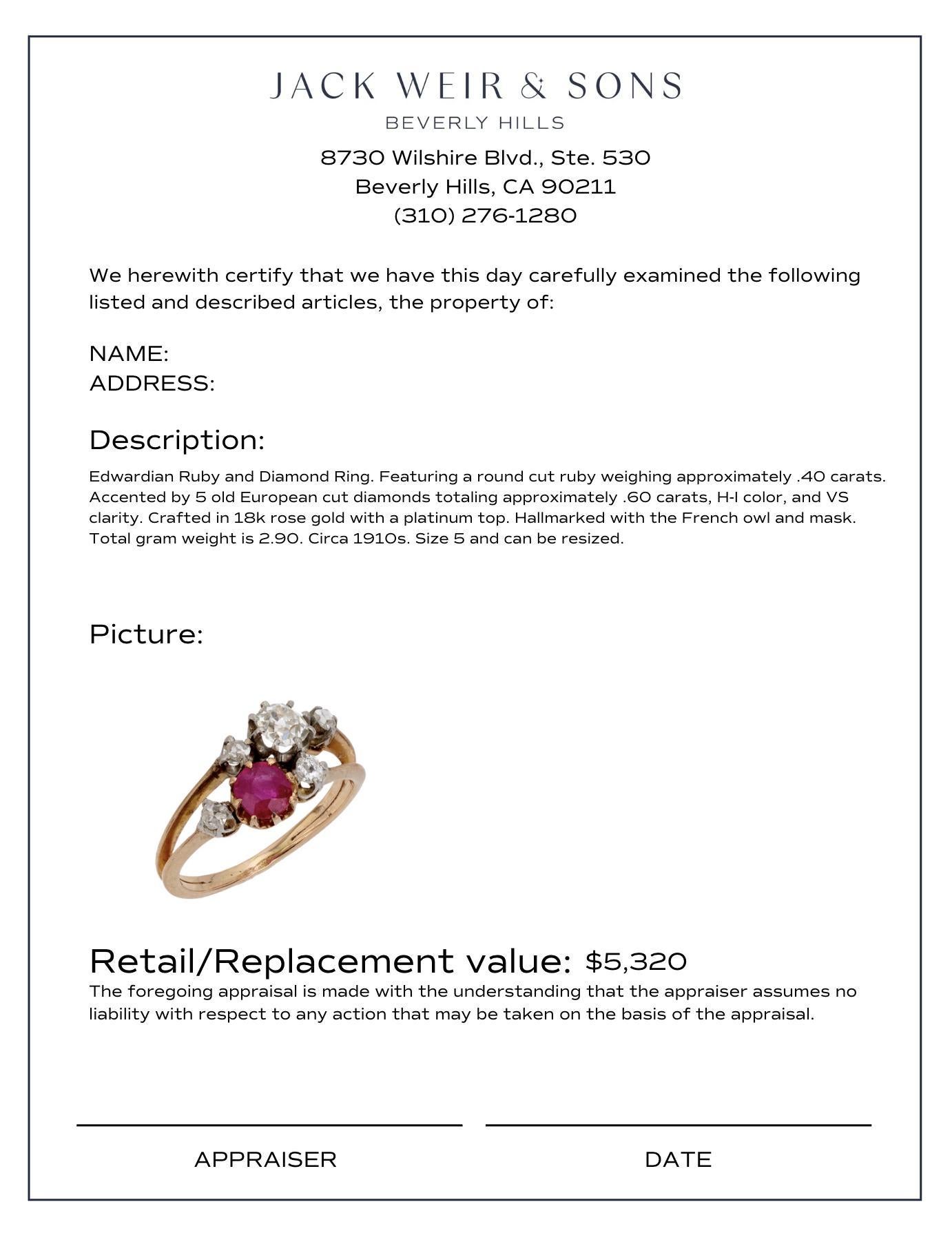 Women's Edwardian French ruby diamond 18k rose gold and platinum ring