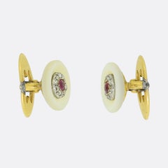 Edwardian French Ruby Diamond and Mother Of Pearl Dress Studs