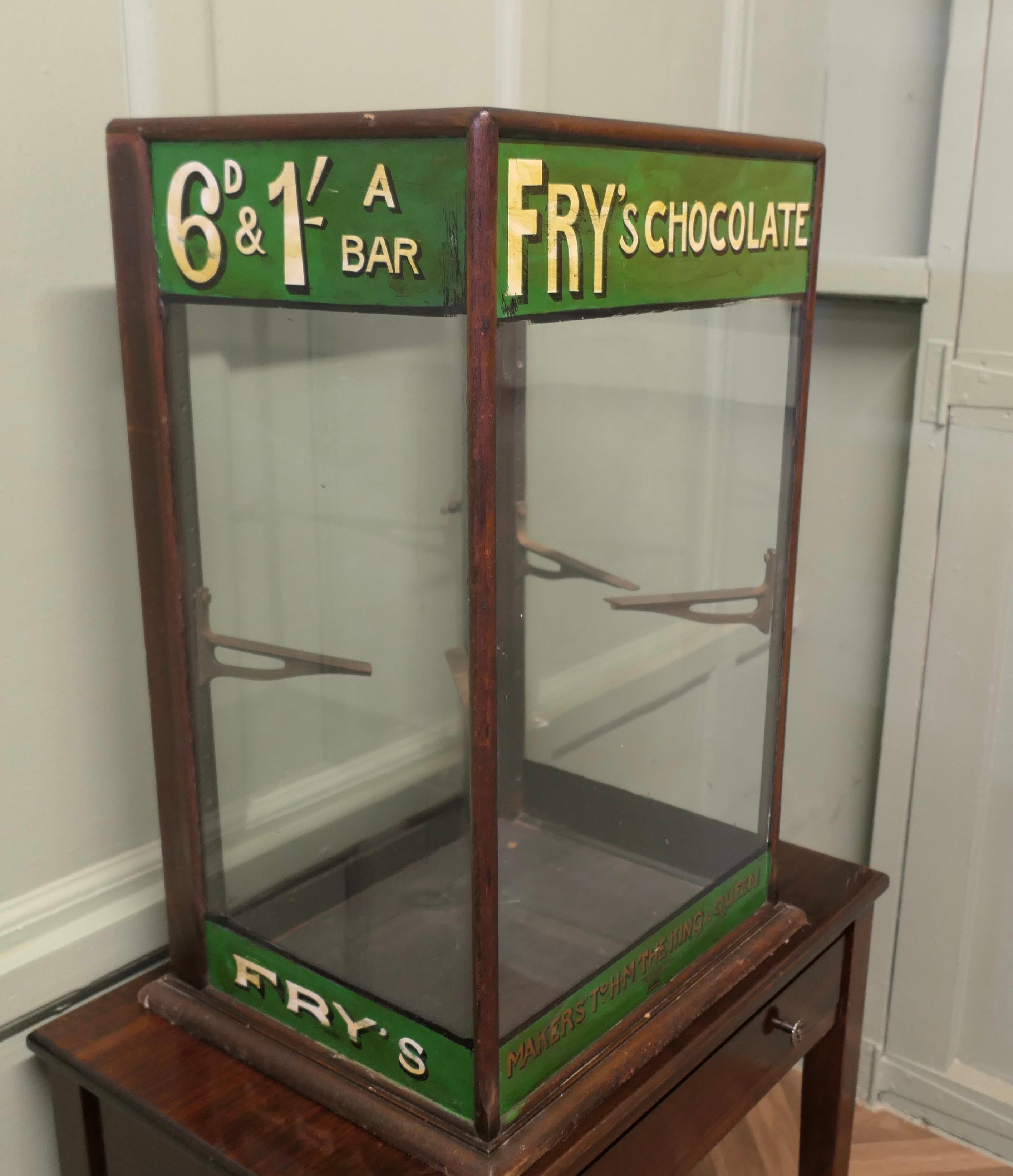Edwardian Fry’s Counter Top Shop Display Cabinet 
This Sweet Shop Cabinet has advertising banners for Fry’s painted across the top and bottom at the front, this is in the original Green and Gold colour used by Fry’s, the paint has been recently