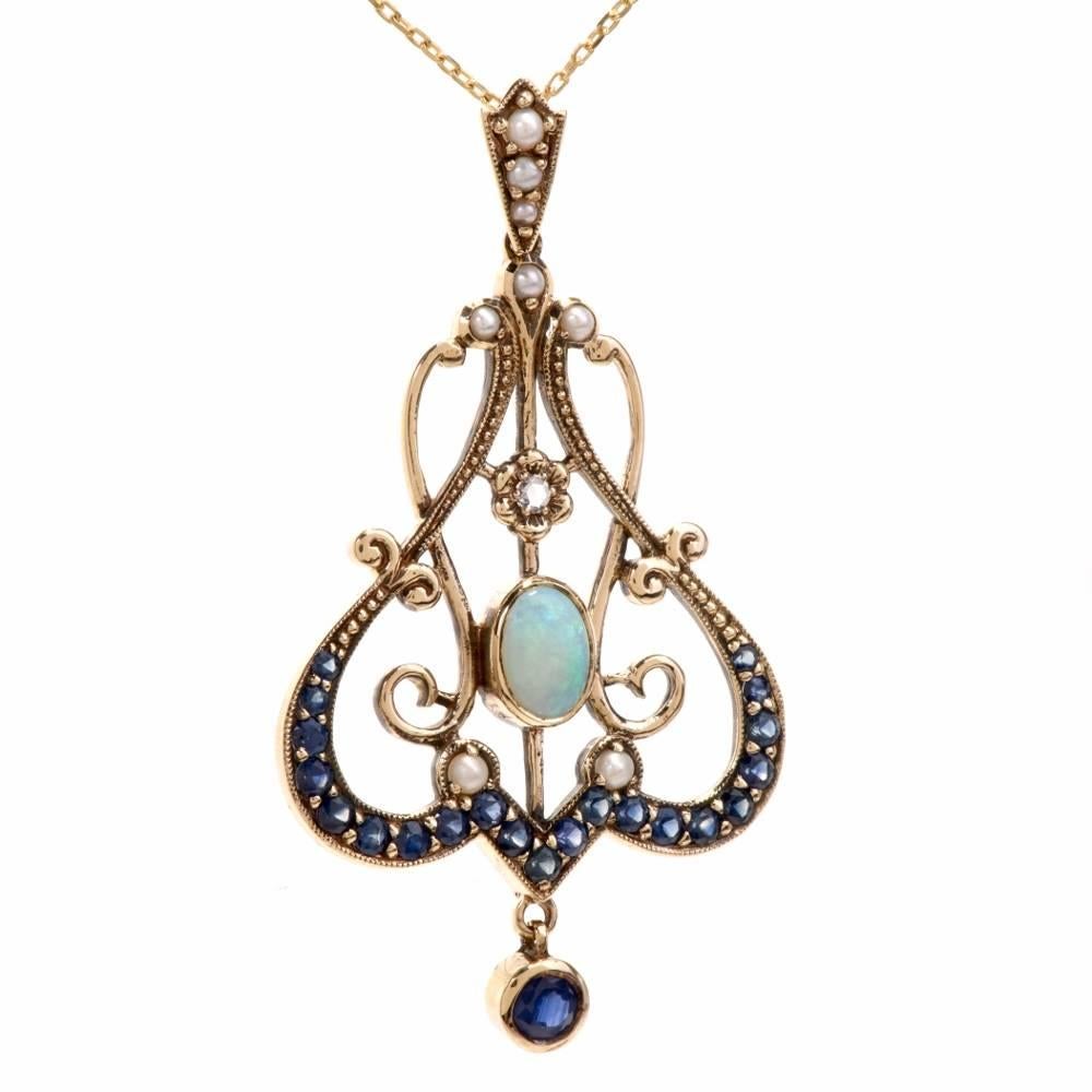 Edwardian Garland Design Sapphire Diamond Opal Pendant Necklace In Excellent Condition In Miami, FL