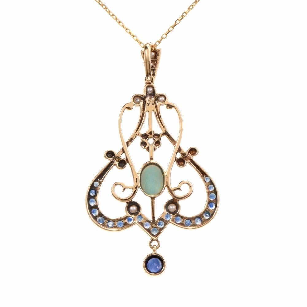 Women's Edwardian Garland Design Sapphire Diamond Opal Pendant Necklace