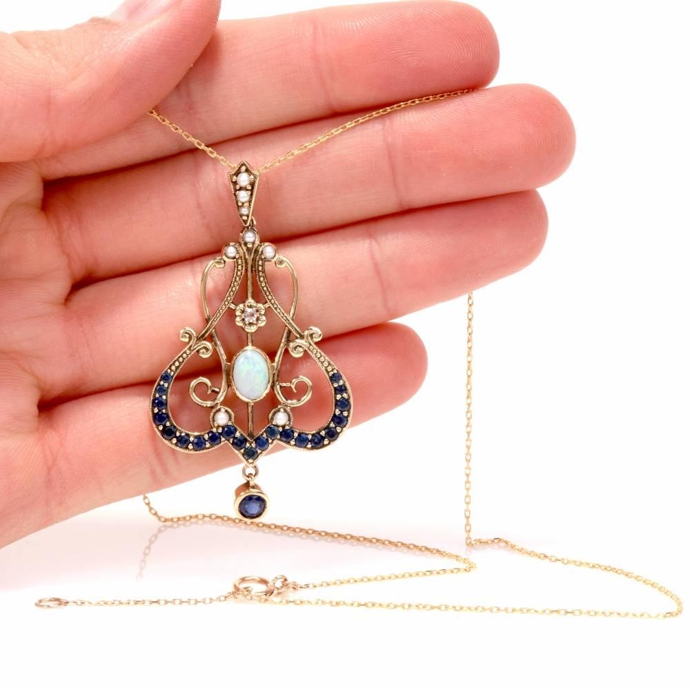 Edwardian Garland Design Sapphire Diamond Opal Pendant Necklace 1