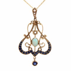 Edwardian Garland Design Sapphire Diamond Opal Pendant Necklace