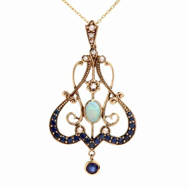 Edwardian Garland Design Sapphire Diamond Opal Pendant Necklace For