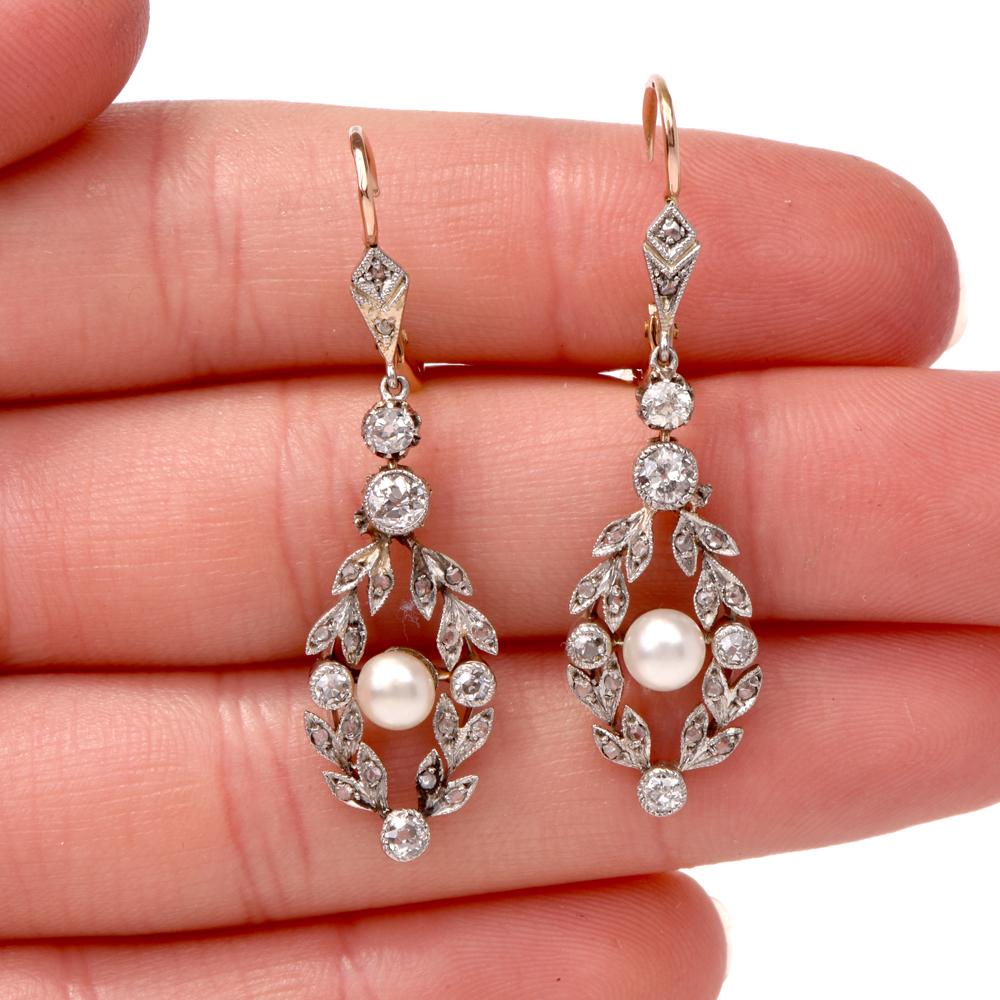 Georgian Edwardian Garland Diamond Pearl Pendant Drop Earrings