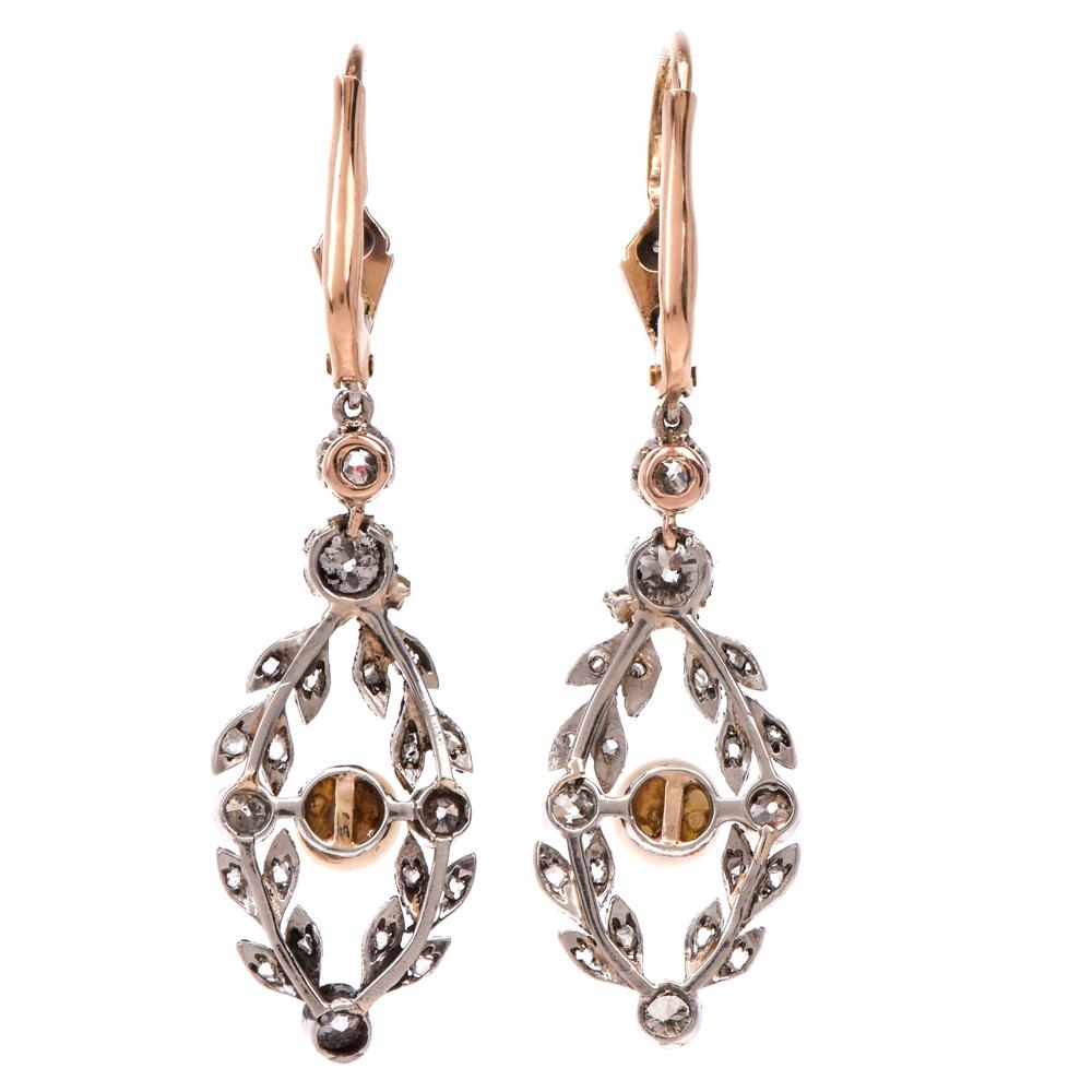 Old Mine Cut Edwardian Garland Diamond Pearl Pendant Drop Earrings