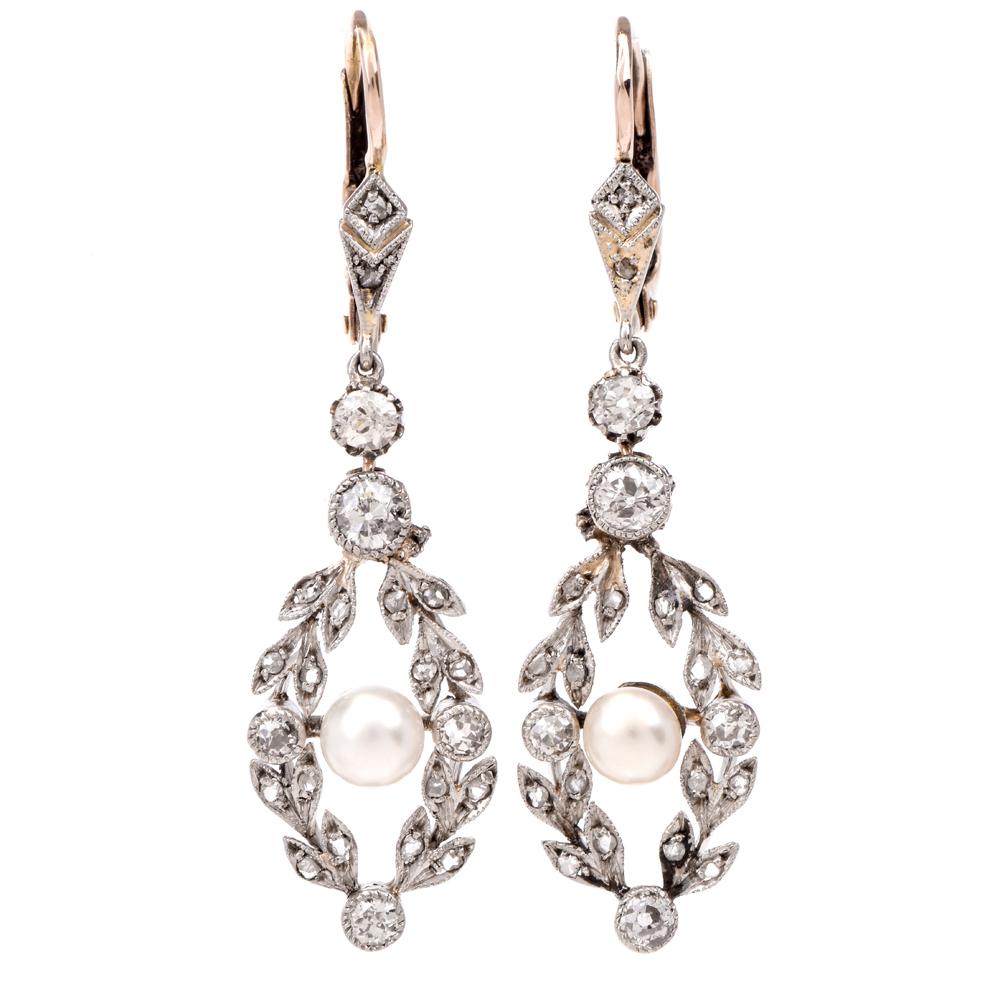 Edwardian Garland Diamond Pearl Pendant Drop Earrings