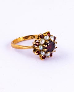 Edwardian Garnet and Pearl 9 Carat Gold Cluster Ring