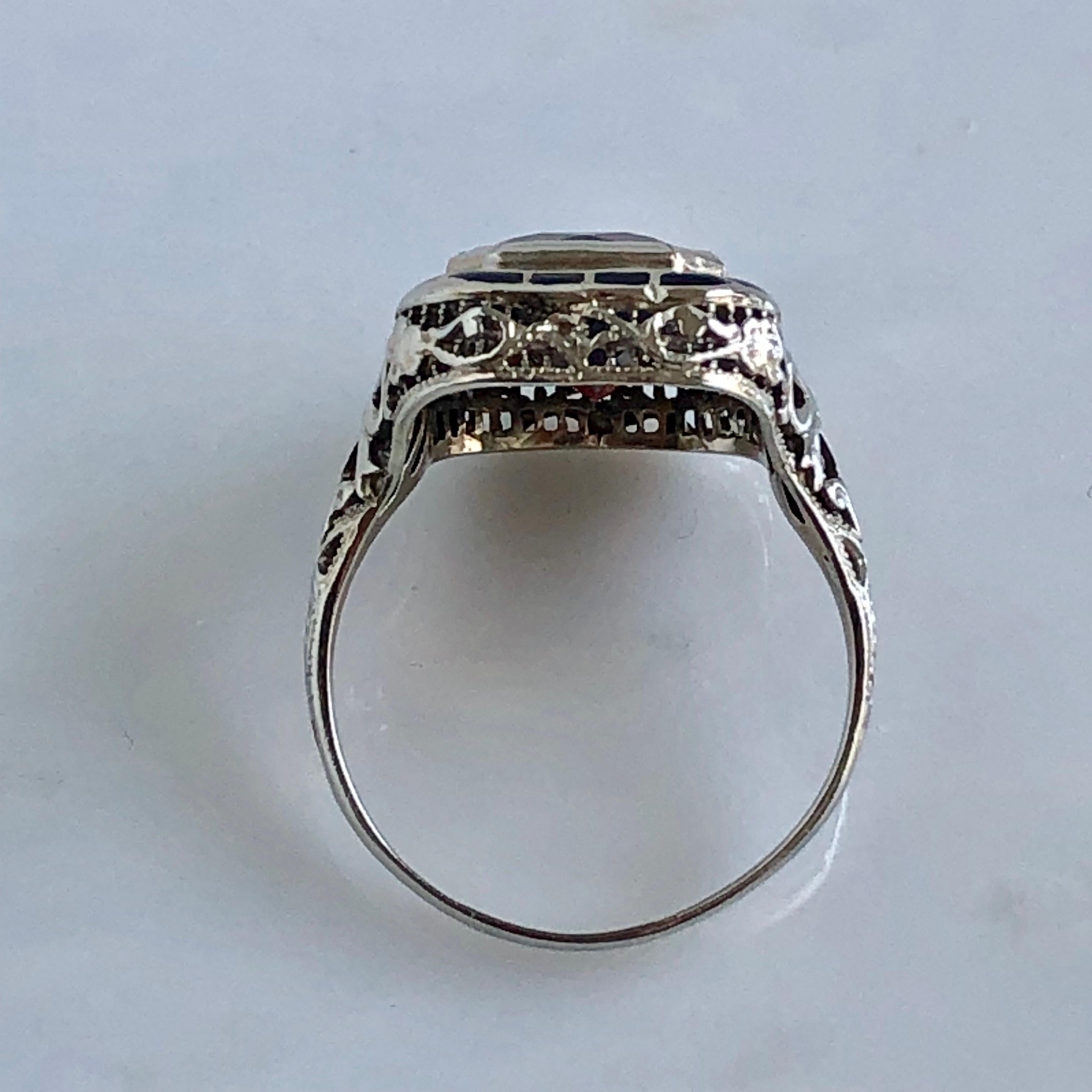 Edwardian Garnet & Enamel 14k White Gold Filigree Ring For Sale 12