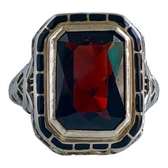 Edwardian Garnet & Enamel 14k White Gold Filigree Ring