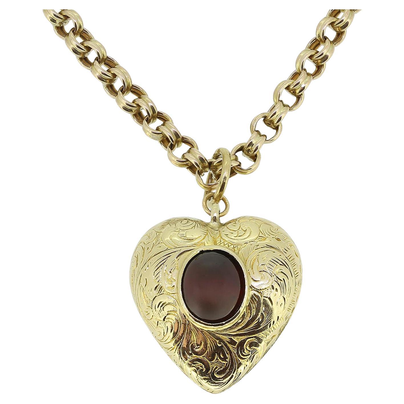 Edwardian Garnet Heart Pendant Necklace For Sale