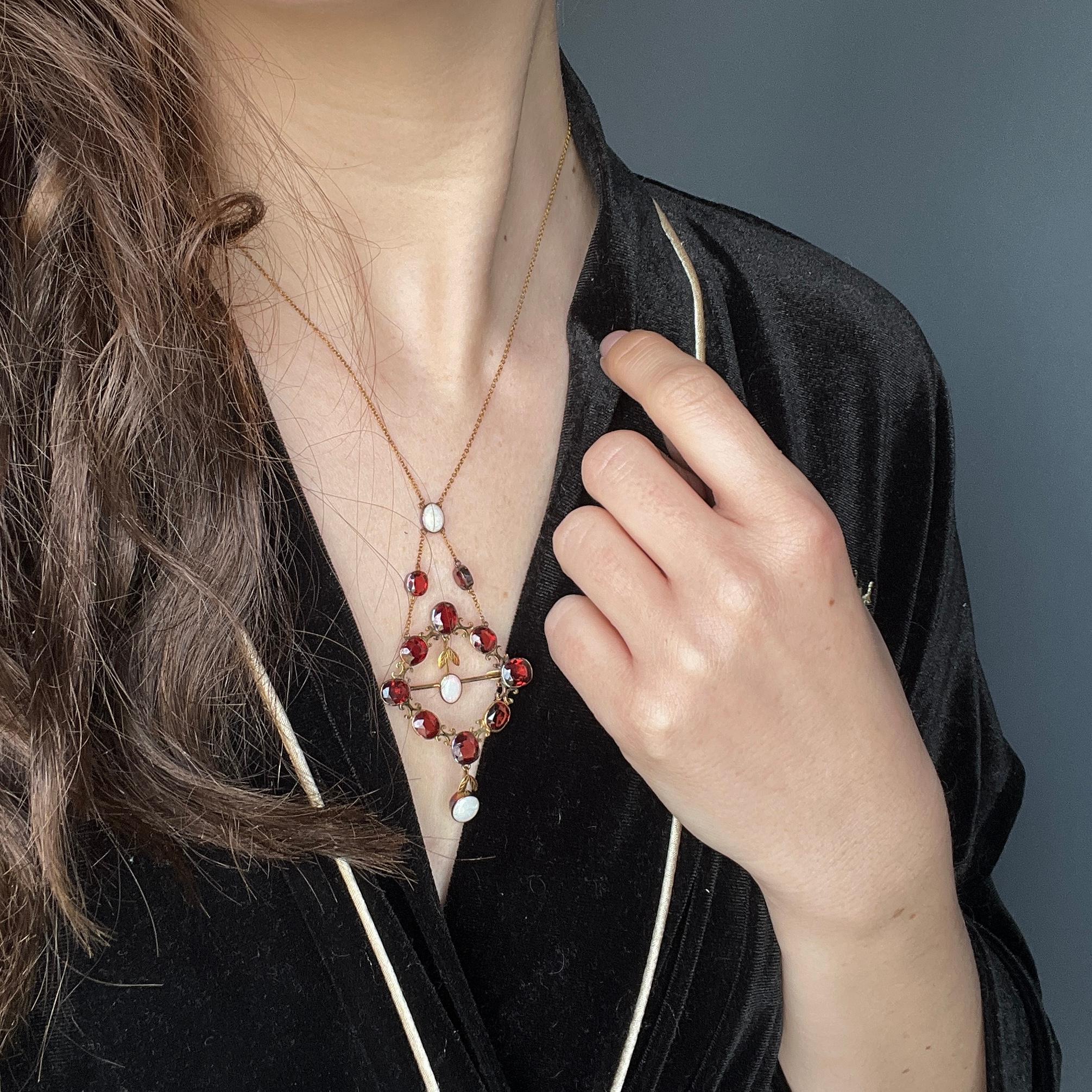 Women's Edwardian Garnet, Opal and 9 Carat Gold Pendant or Brooch For Sale