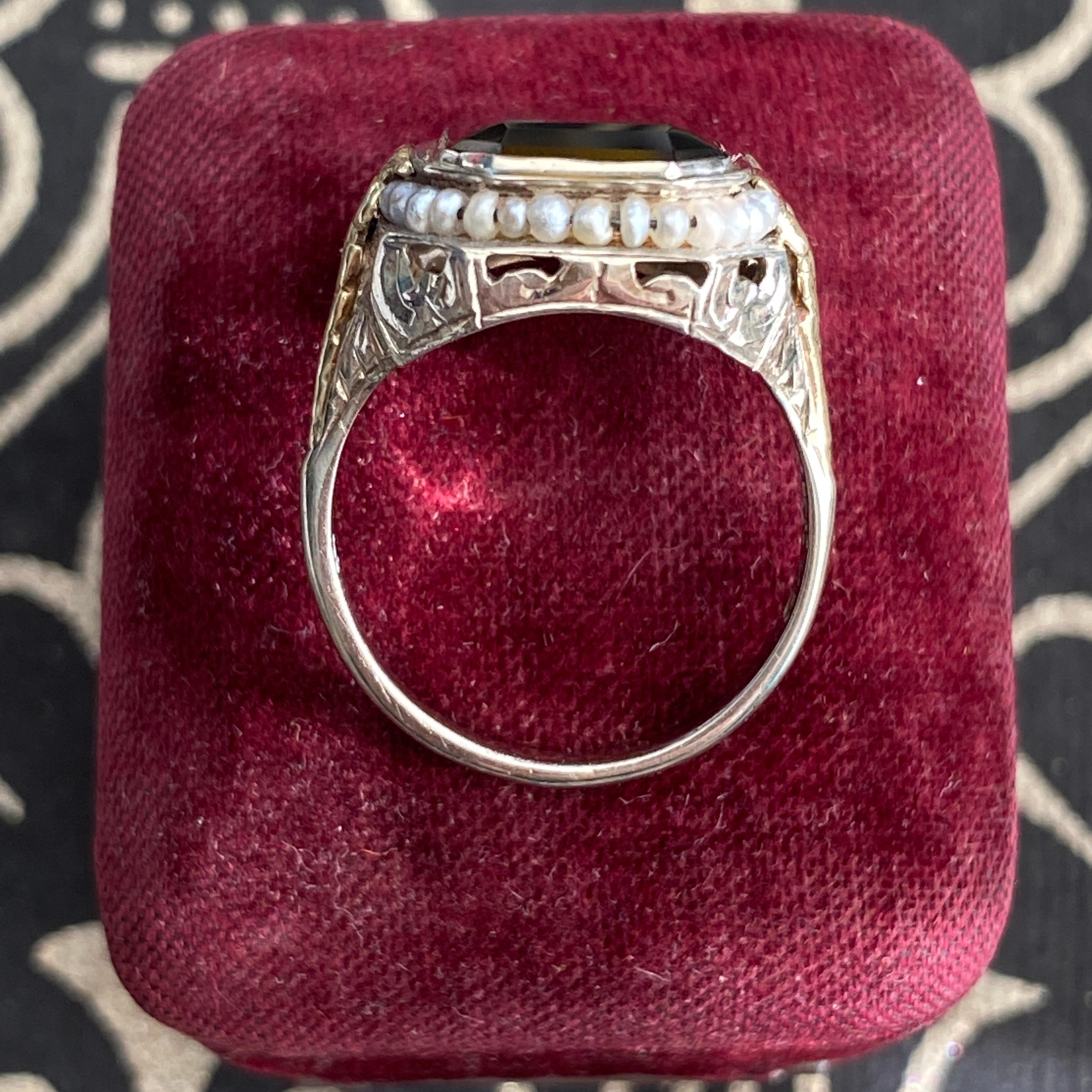 Edwardian Granat & Saatgut Perle Stiefmütterchen 14K Filigran Ring im Angebot 9